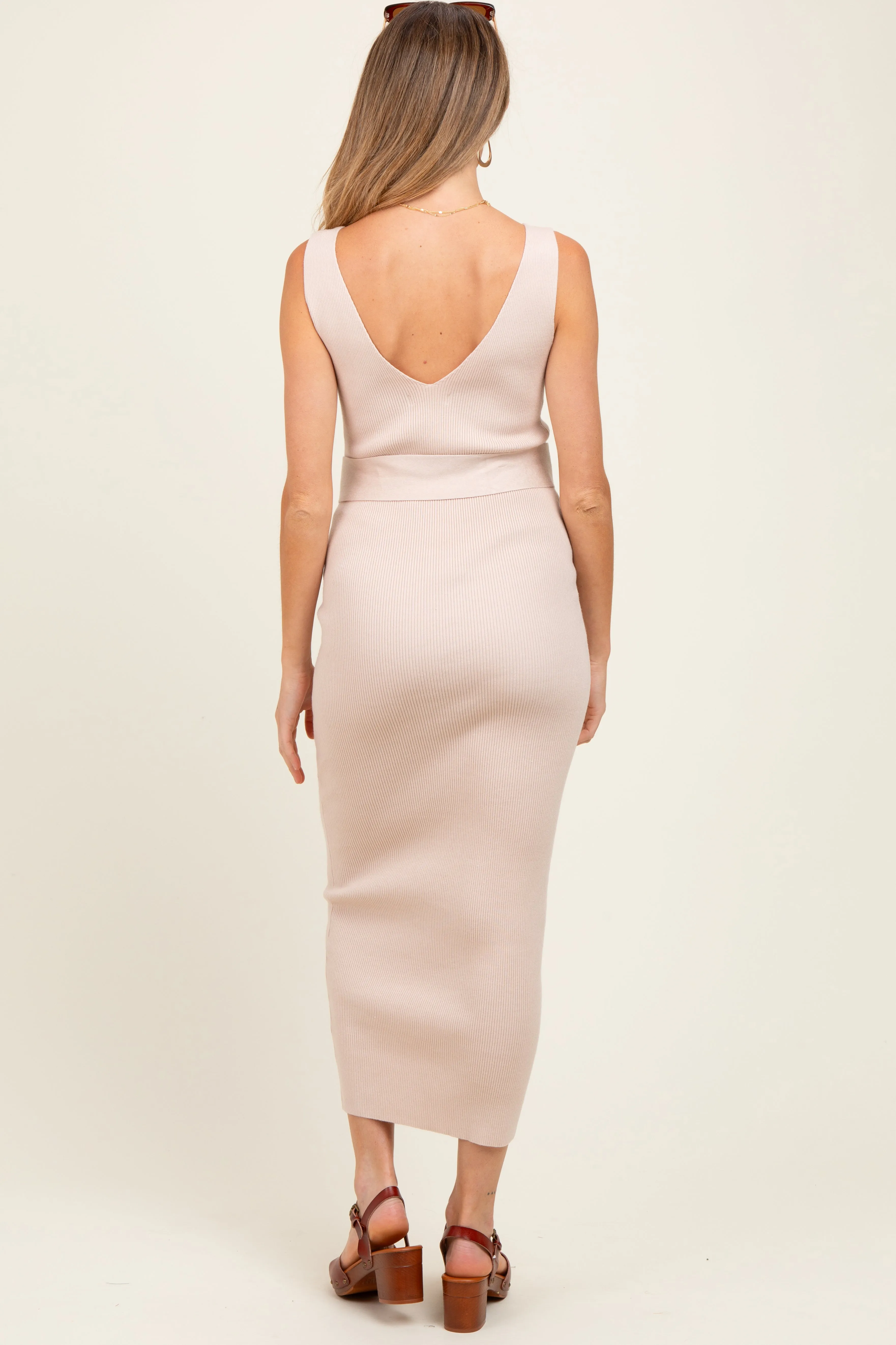 Beige Sleeveless Ribbed Belted Midi Maternity Dress sold by Pinkblush product image thumbnail 2