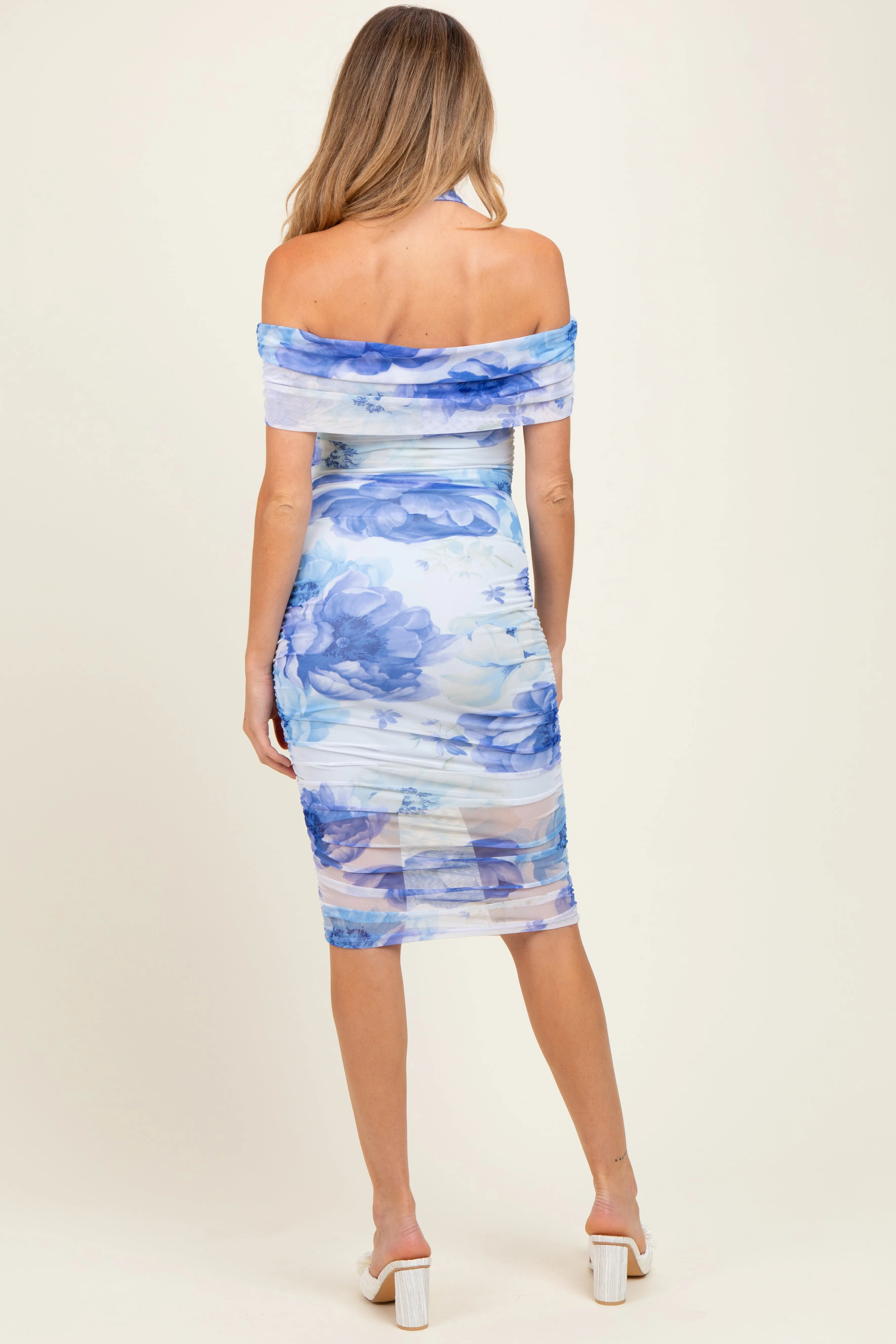 Blue Floral Mesh Off Shoulder Halter Maternity Midi Dress sold by Pinkblush product image thumbnail 2