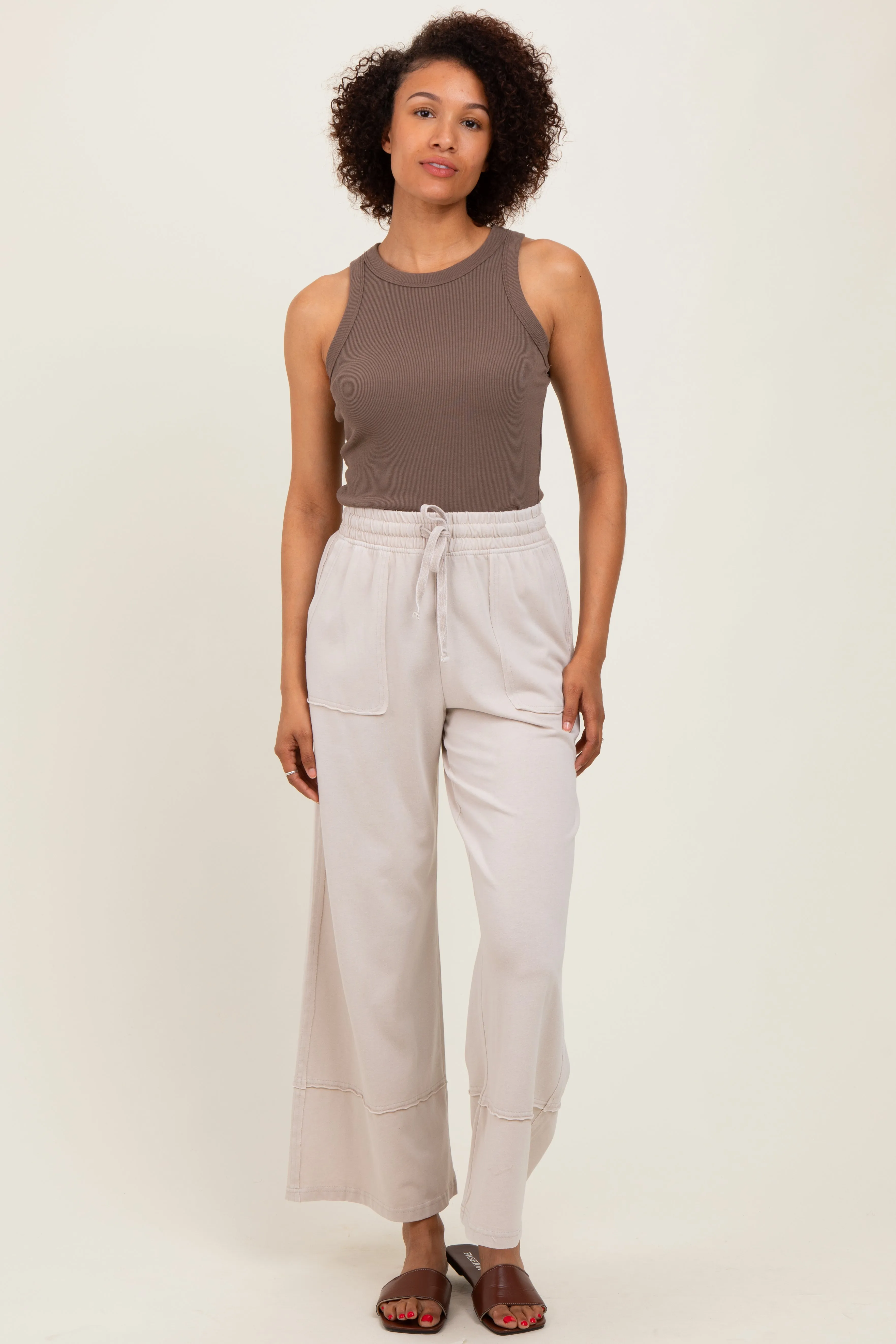 Cream Mineral Wash Wide Leg Ankle Pants sold by Pinkblush