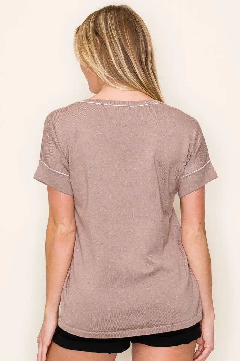 Mocha Knit Stitch Accent Short Sleeve Top sold by Pinkblush product image thumbnail 3