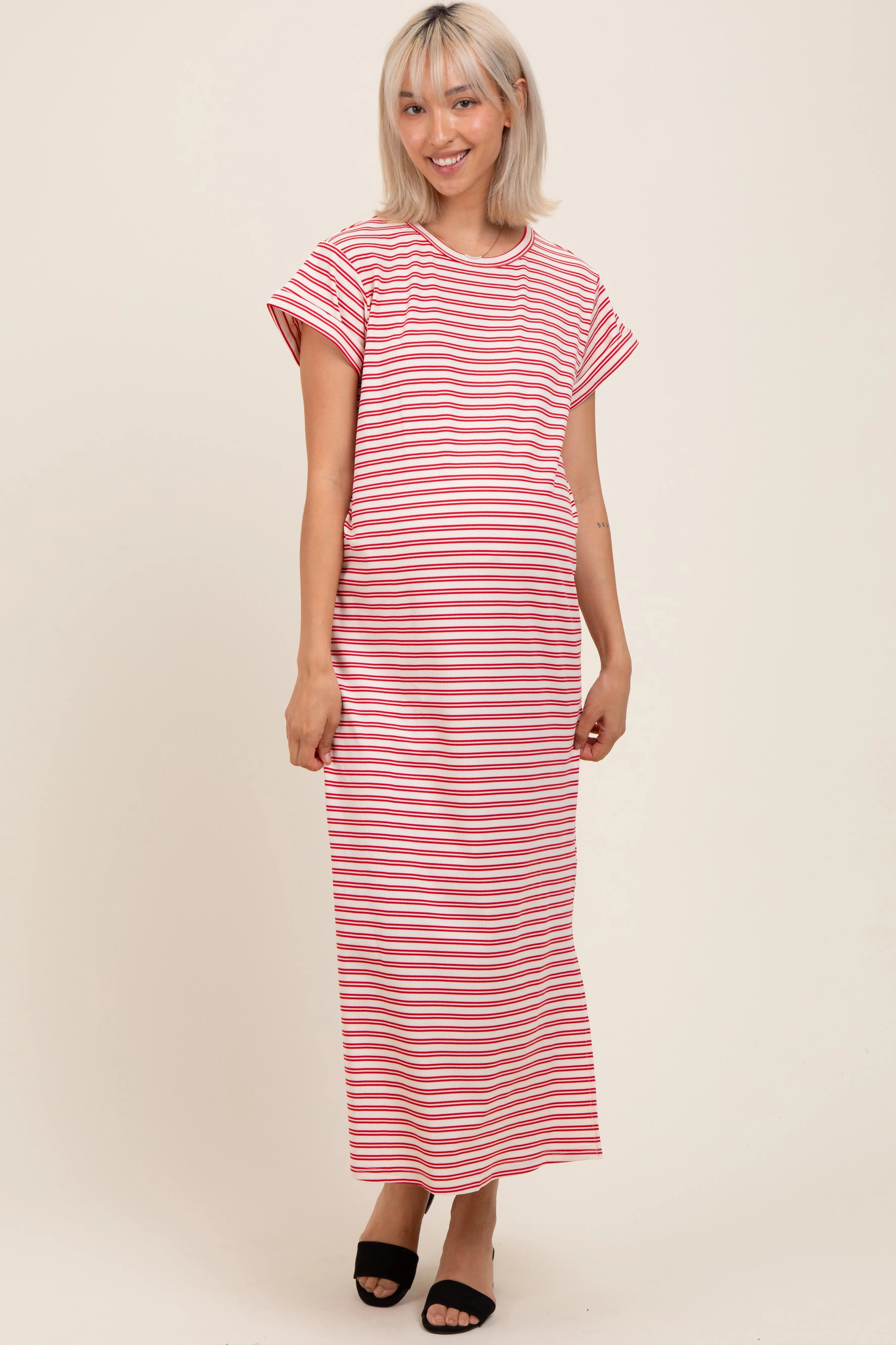Red Striped Maternity Midi T-Shirt Dress sold by Pinkblush product image thumbnail 2