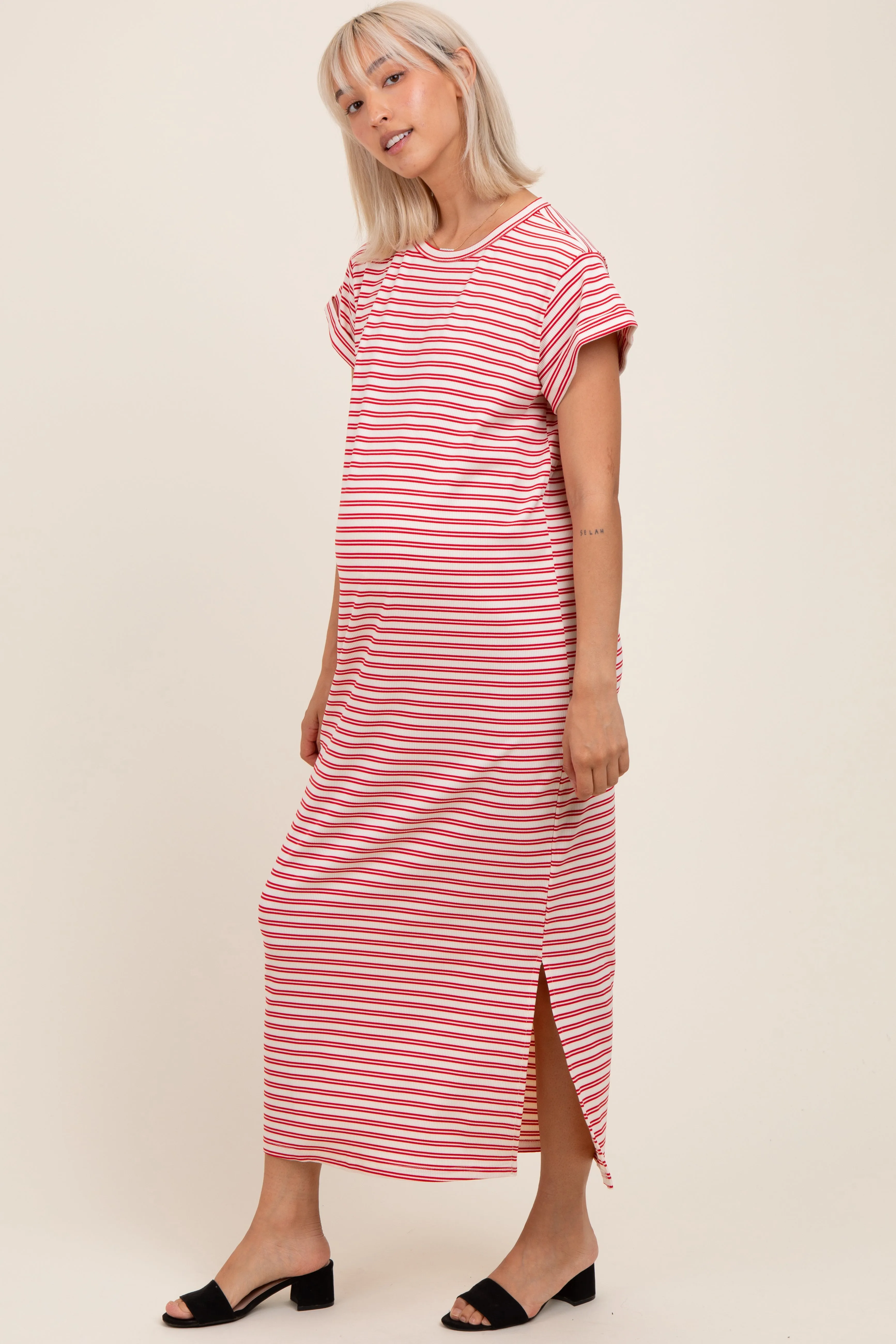 Red Striped Maternity Midi T-Shirt Dress sold by Pinkblush product image thumbnail 3