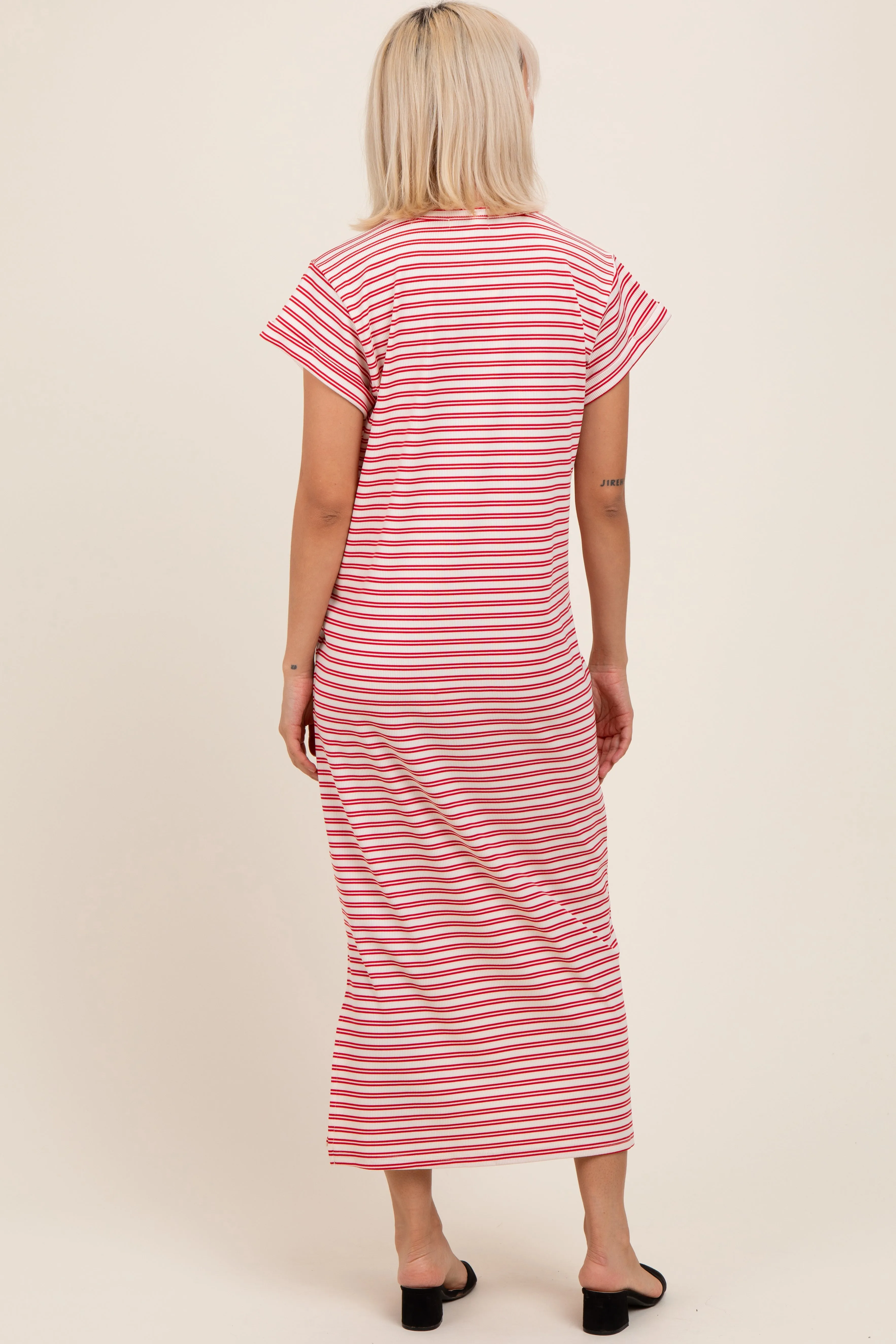 Red Striped Maternity Midi T-Shirt Dress sold by Pinkblush product image thumbnail 4