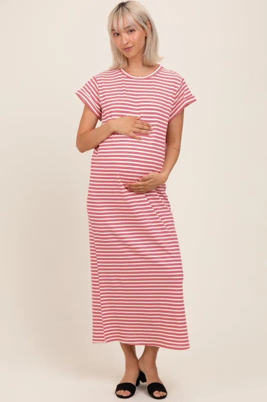 Red Striped Maternity Midi T-Shirt Dress sold by Pinkblush