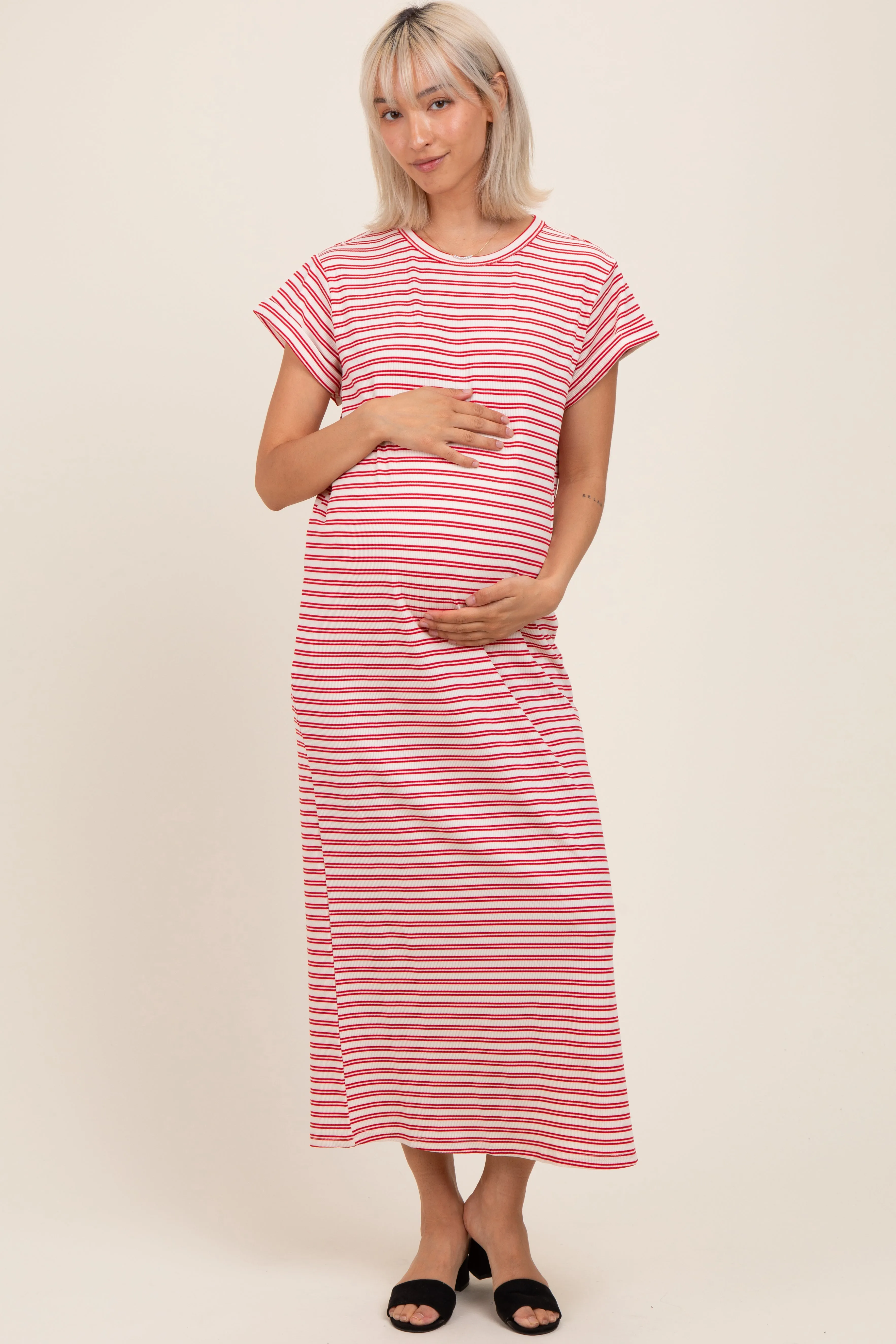 Red Striped Maternity Midi T-Shirt Dress sold by Pinkblush