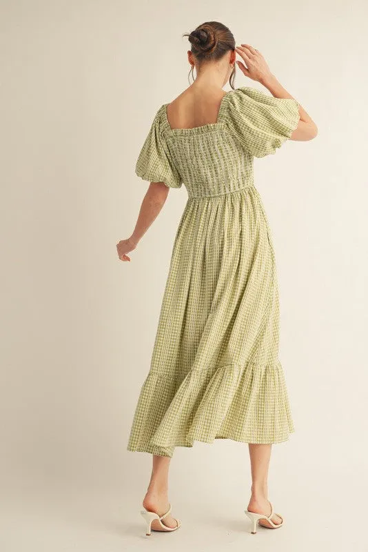 Light Olive Gingham Smocked Puff Sleeve Midi Dress sold by Pinkblush product image thumbnail 3