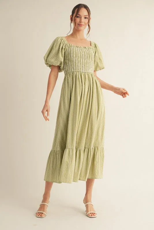 Light Olive Gingham Smocked Puff Sleeve Midi Dress sold by Pinkblush