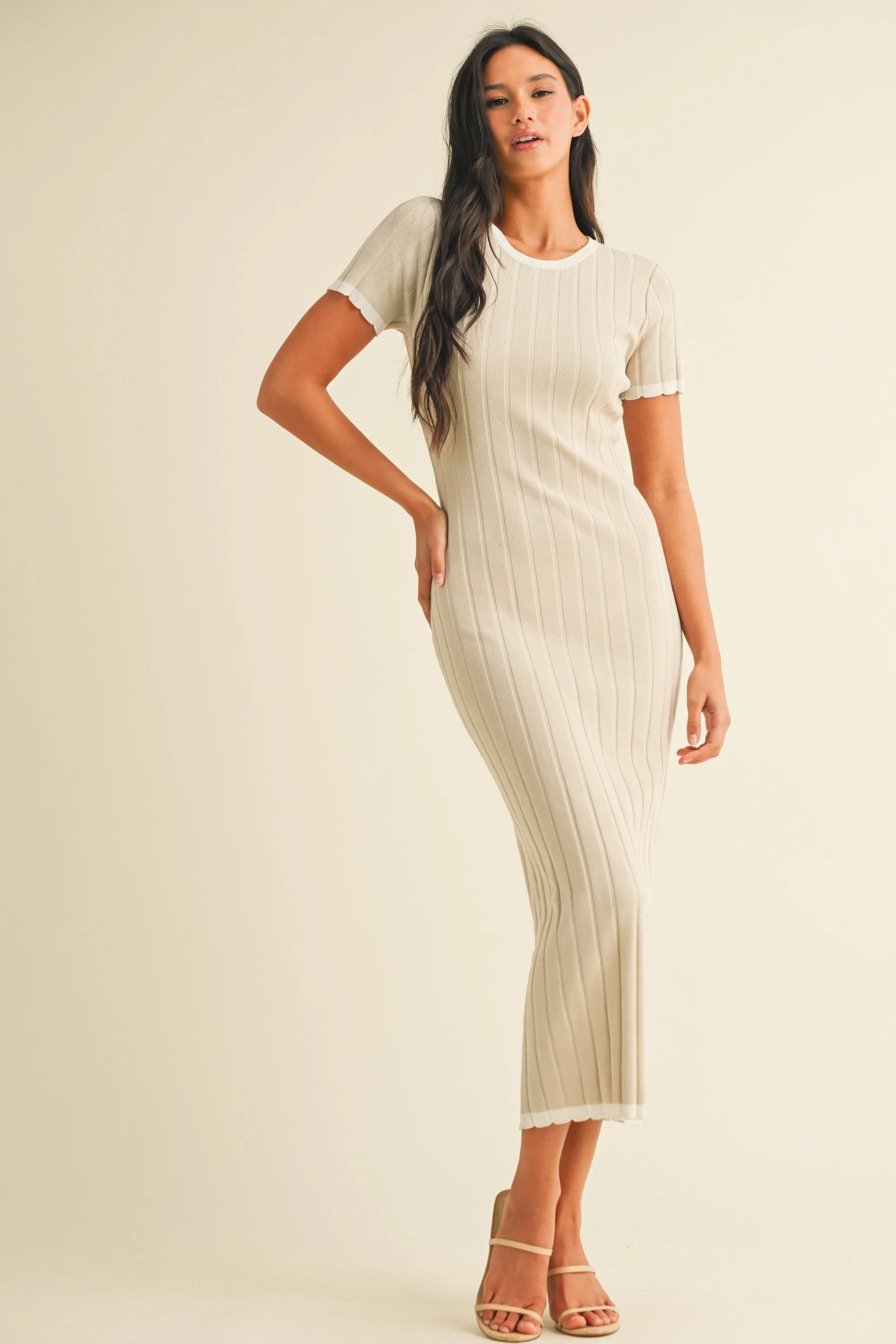 Beige/White Short Sleeve Sweater Knit Rib Maternity Midi Dress sold by Pinkblush product image thumbnail 4