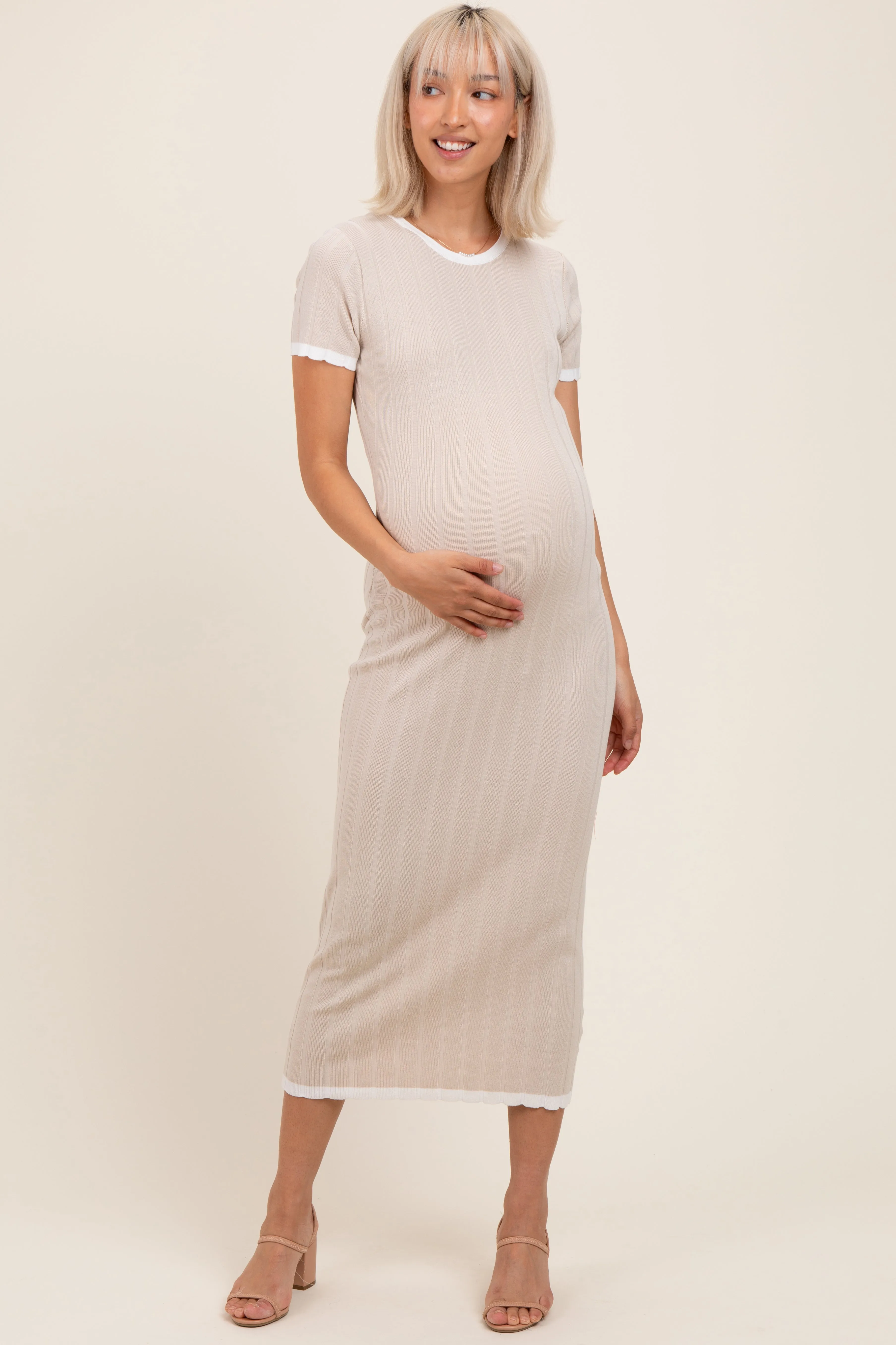 Beige/White Short Sleeve Sweater Knit Rib Maternity Midi Dress sold by Pinkblush