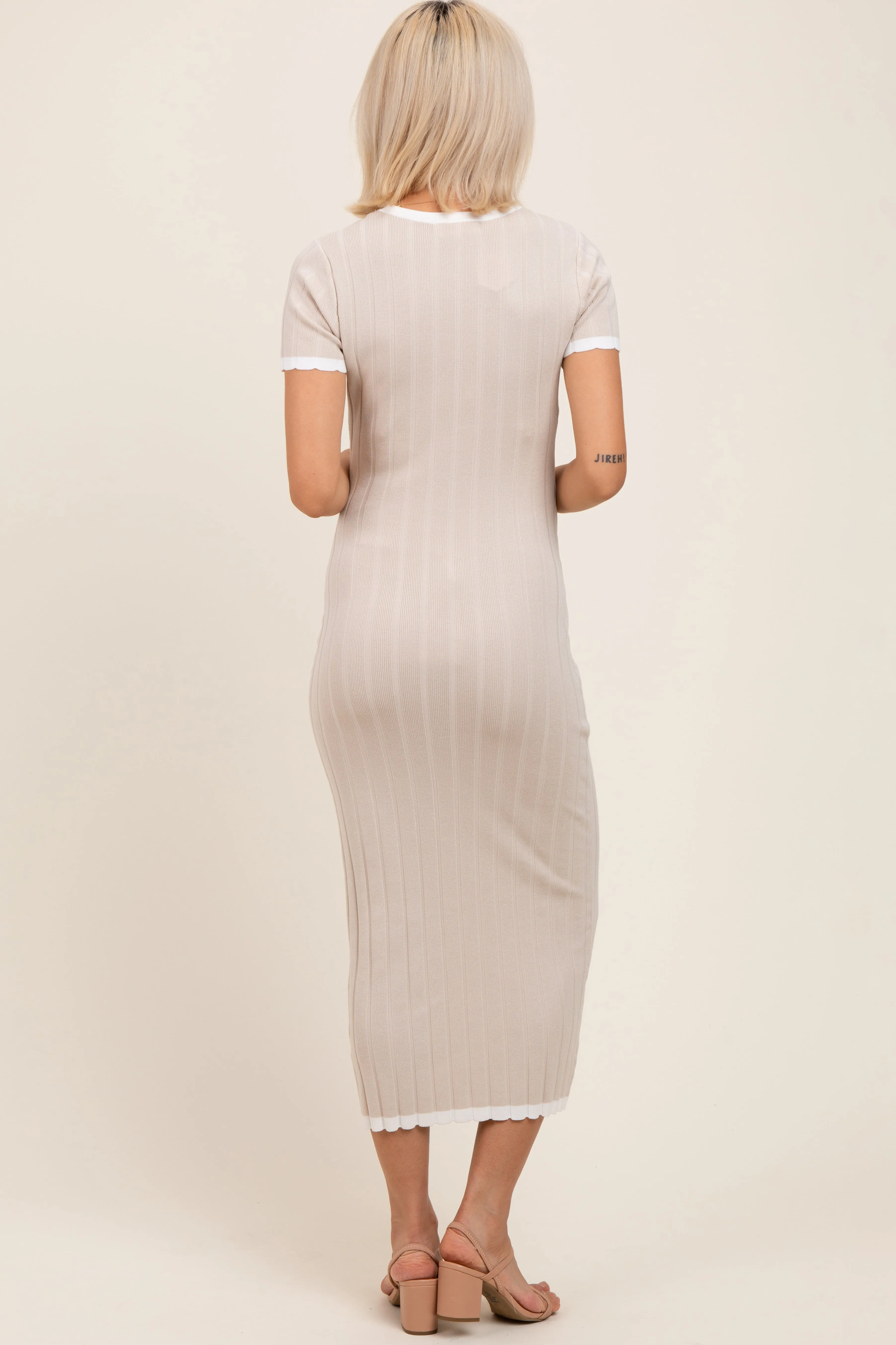 Beige/White Short Sleeve Sweater Knit Rib Maternity Midi Dress sold by Pinkblush product image thumbnail 3