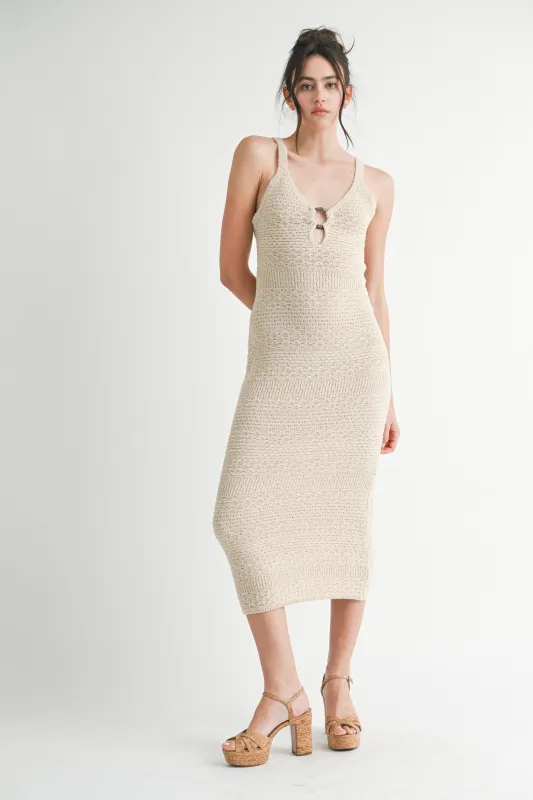 Beige Crochet Knit Cut Out O-Ring Midi Dress sold by Pinkblush