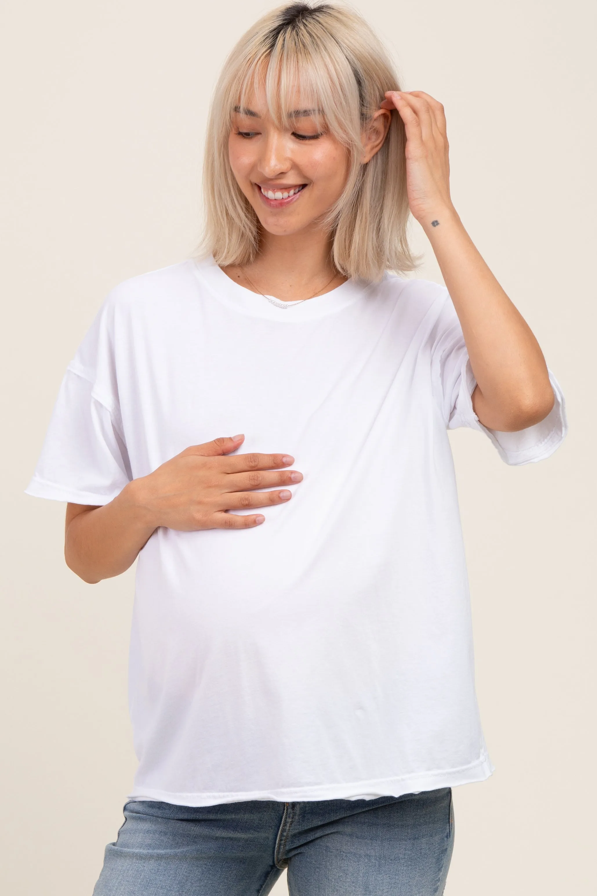 White Boxy Raw Edge Maternity Short Sleeve Tee sold by Pinkblush