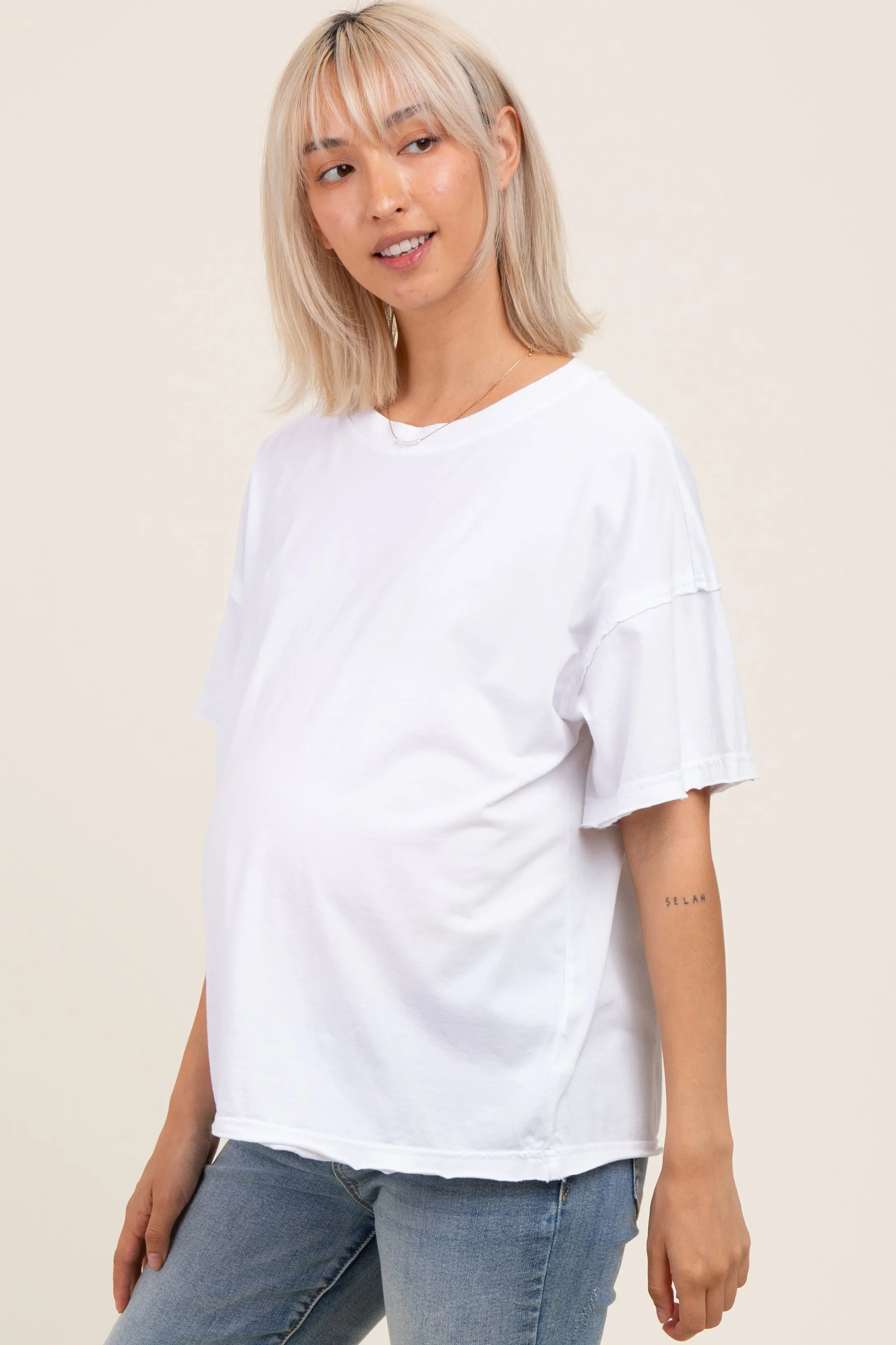White Boxy Raw Edge Maternity Short Sleeve Tee sold by Pinkblush product image thumbnail 2