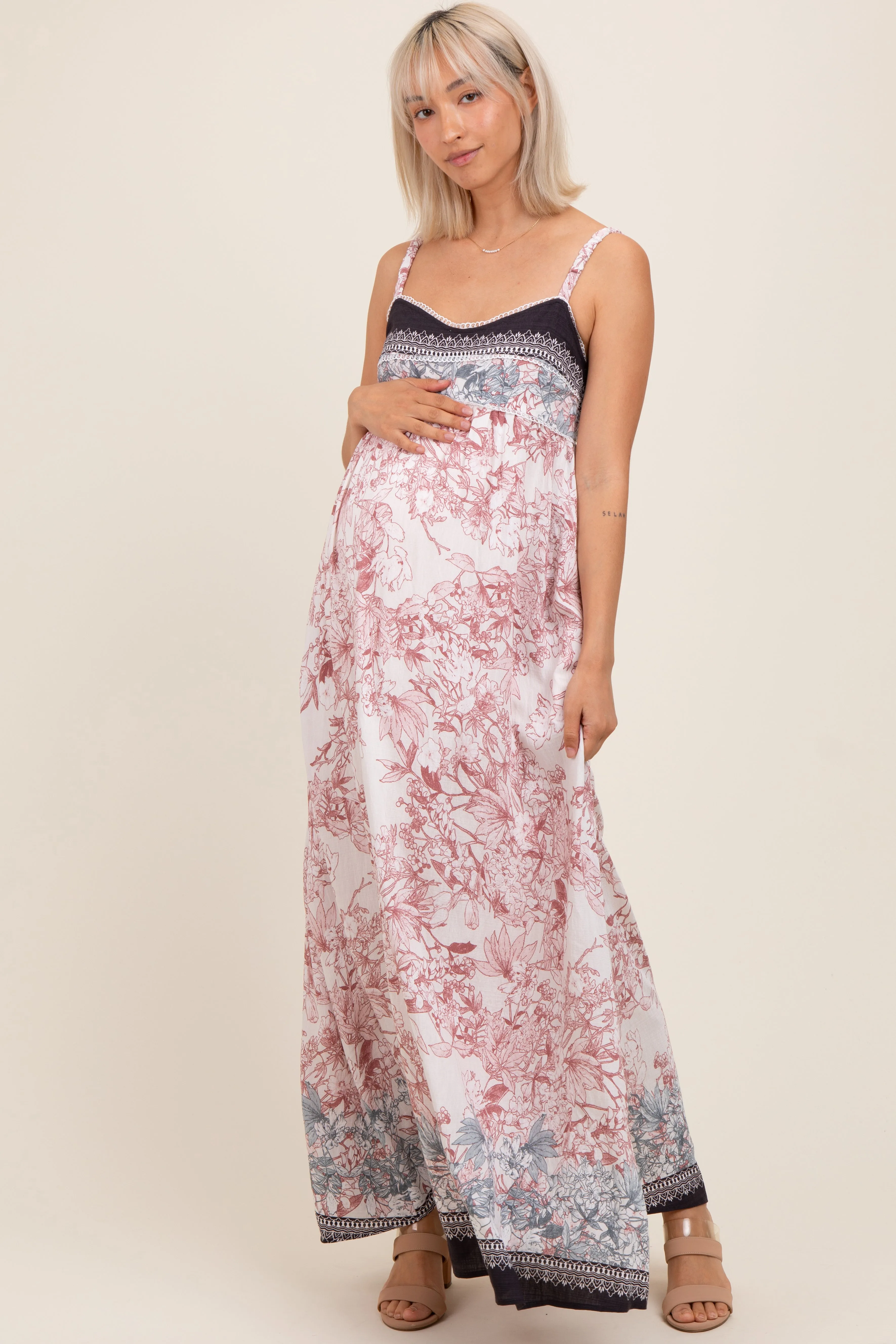 Charcoal Floral Contrast Border Maternity Maxi Dress sold by Pinkblush