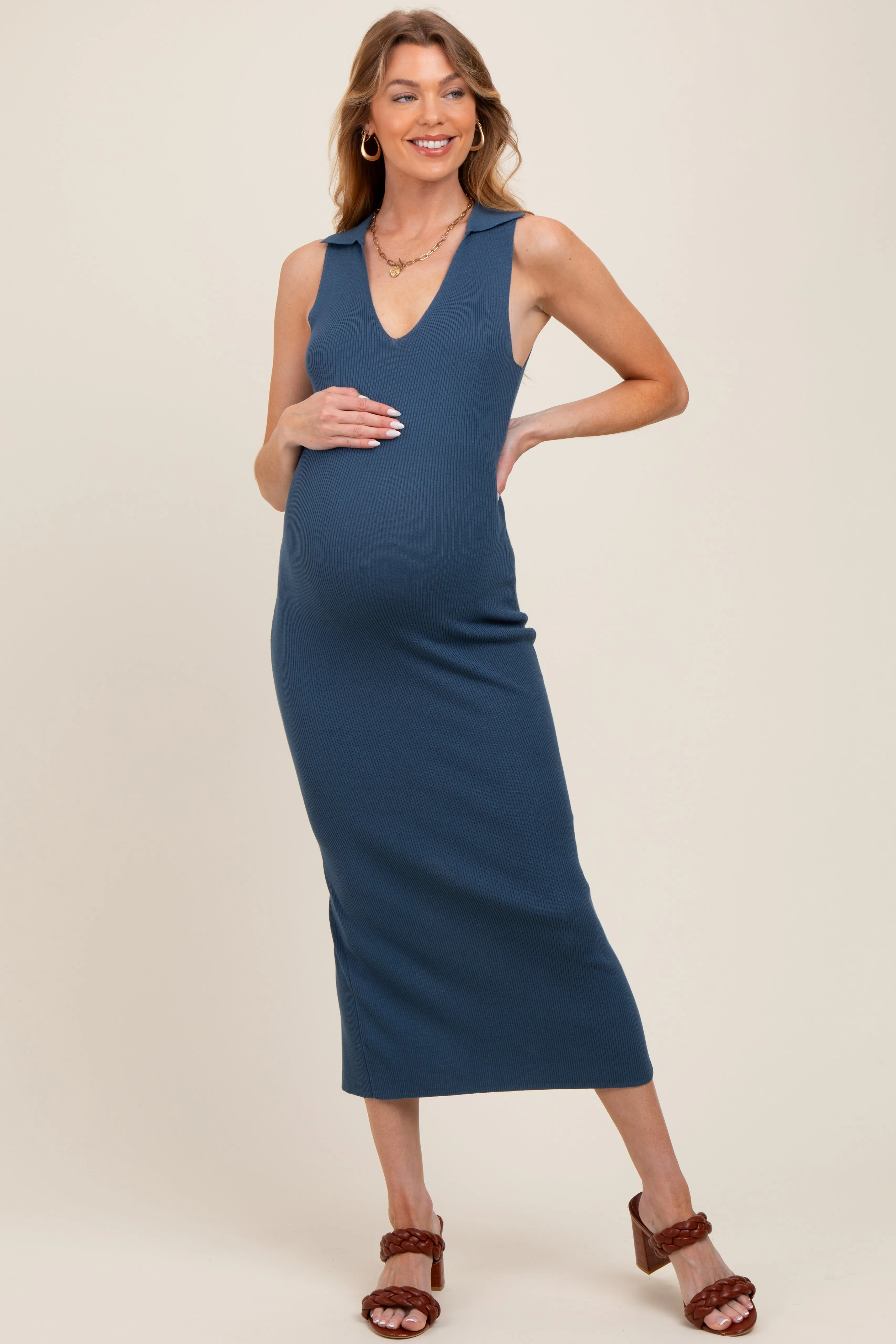 Blue Knit Collared Deep V-Neck Maternity Maxi Dress sold by Pinkblush