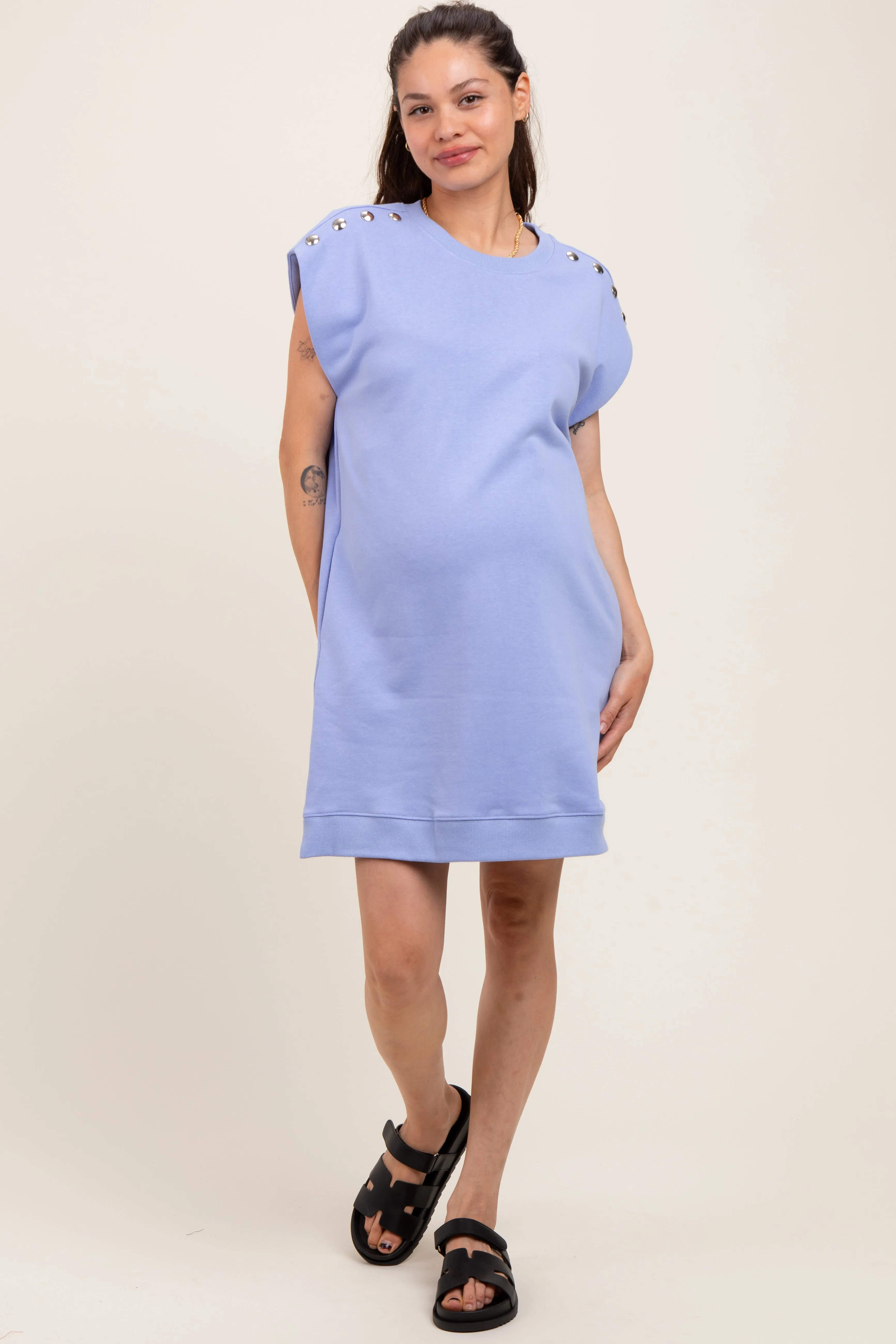 Periwinkle Studded Shoulder Maternity Mini Dress sold by Pinkblush