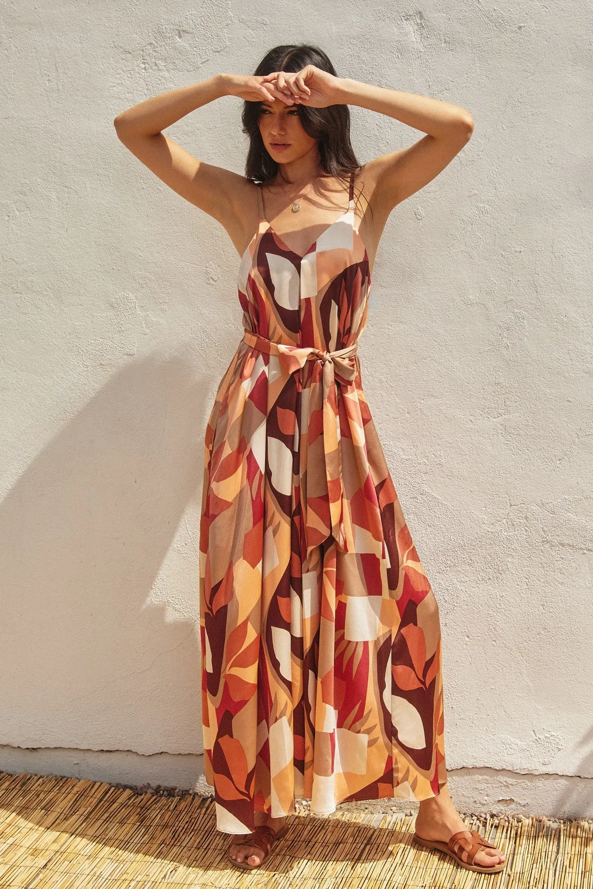 Rust Geometric Print Sash Tie Maxi Dress sold by Pinkblush