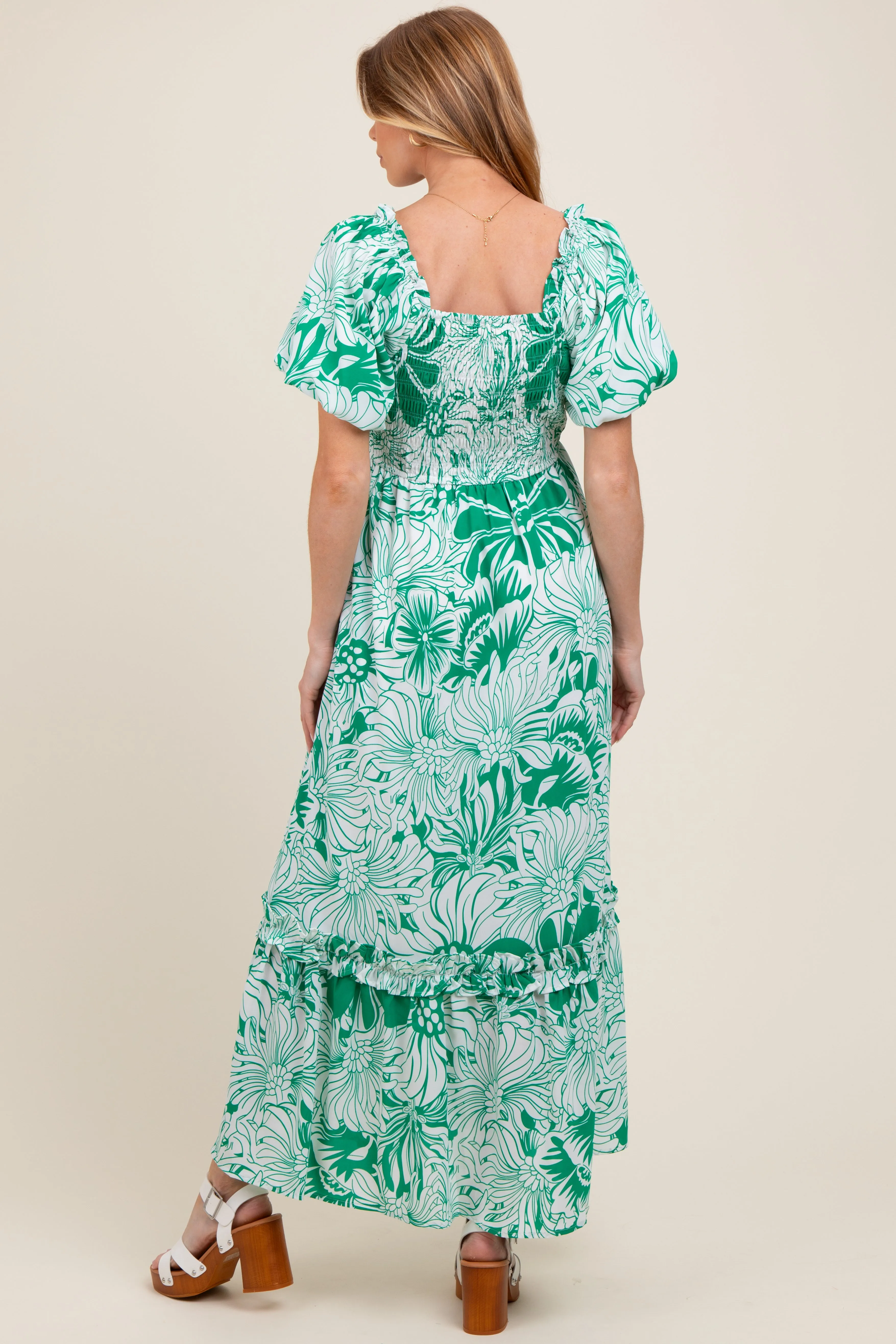 Green Floral Print Smocked Bodice Maternity Maxi Dress sold by Pinkblush product image thumbnail 3