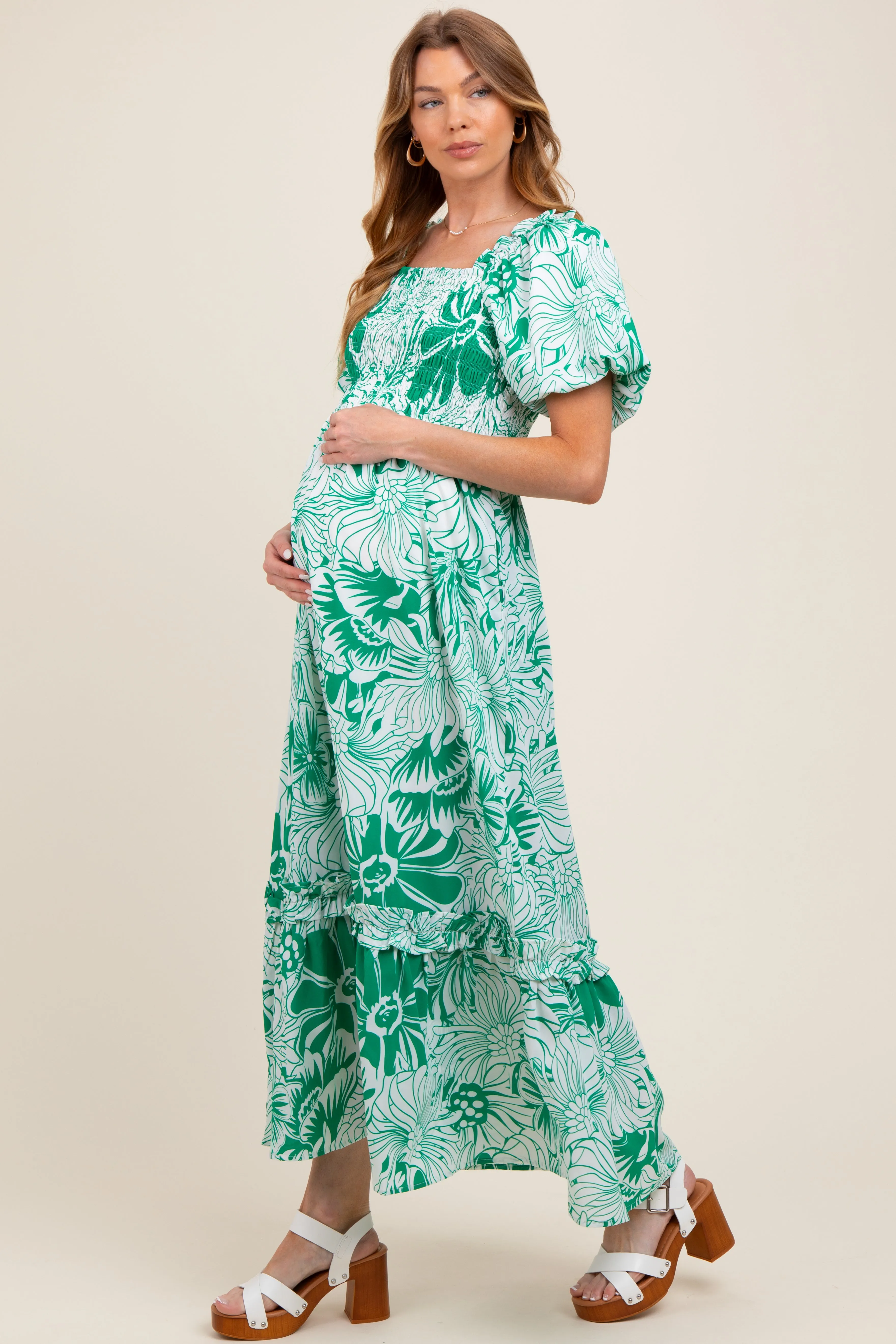 Green Floral Print Smocked Bodice Maternity Maxi Dress sold by Pinkblush