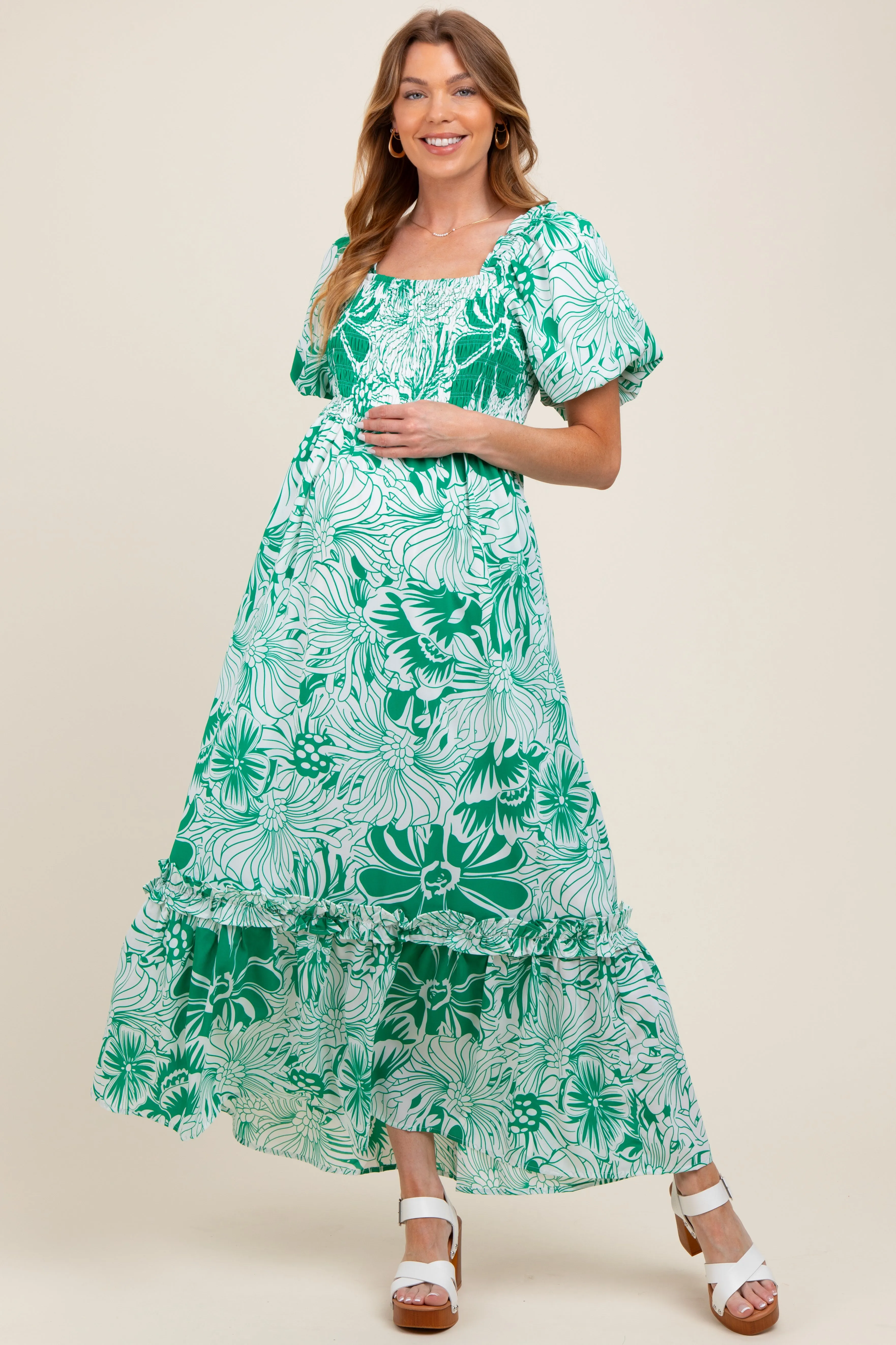 Green Floral Print Smocked Bodice Maternity Maxi Dress sold by Pinkblush product image thumbnail 2