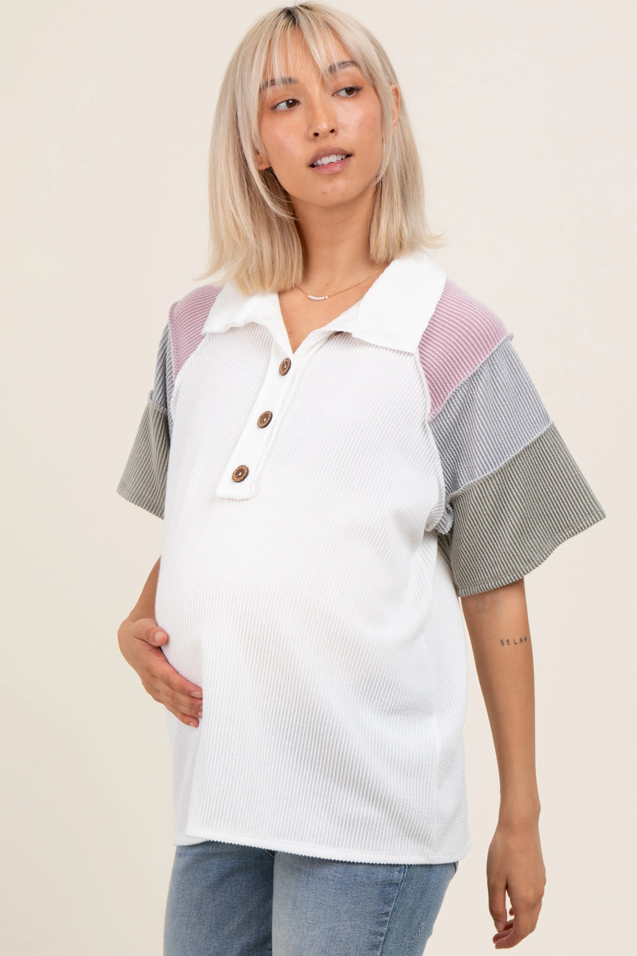 Ivory Solid Ribbed Color Block Button Down Short Sleeve Maternity Top sold by Pinkblush product image thumbnail 2