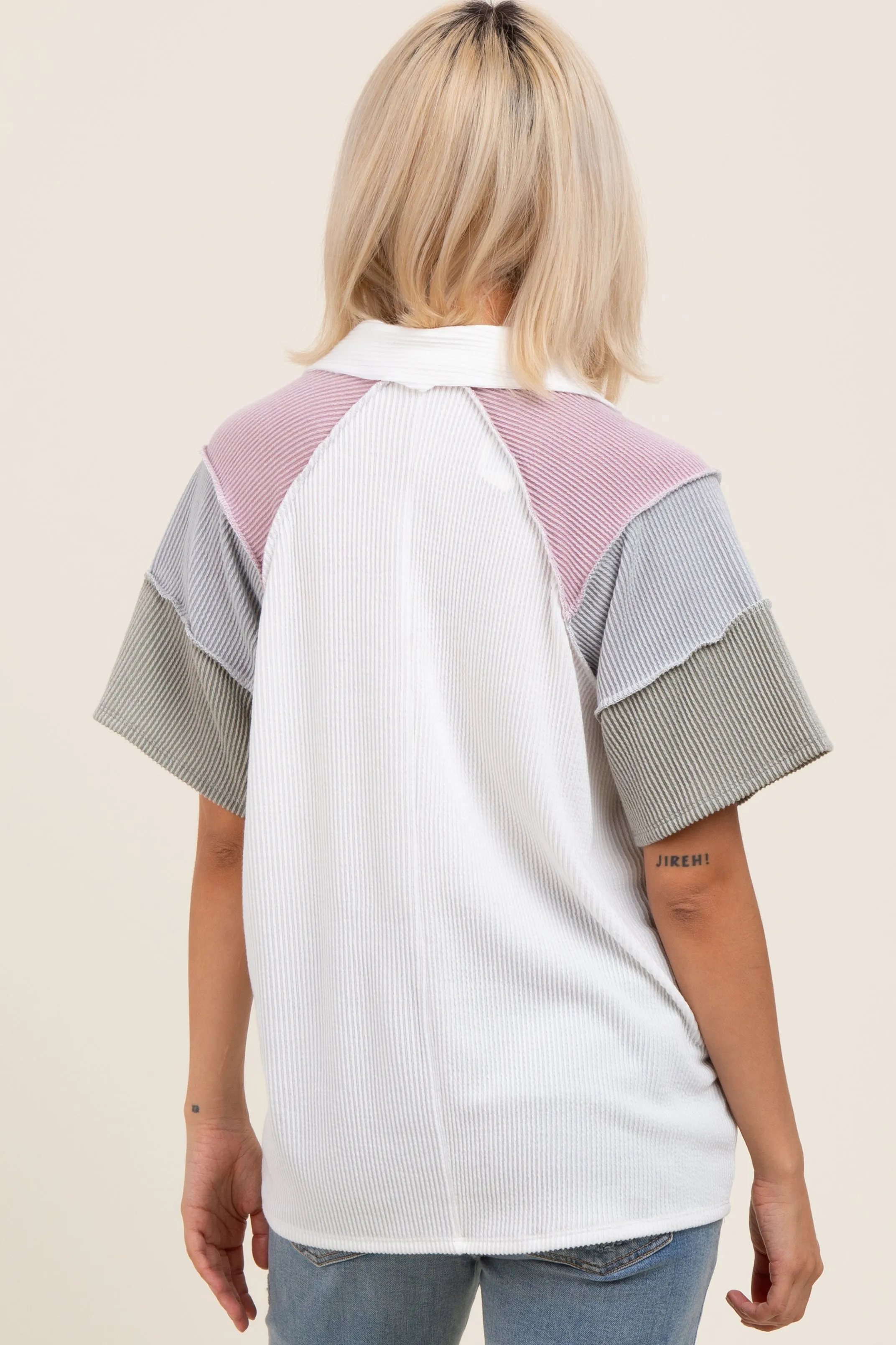 Ivory Solid Ribbed Color Block Button Down Short Sleeve Maternity Top sold by Pinkblush product image thumbnail 3
