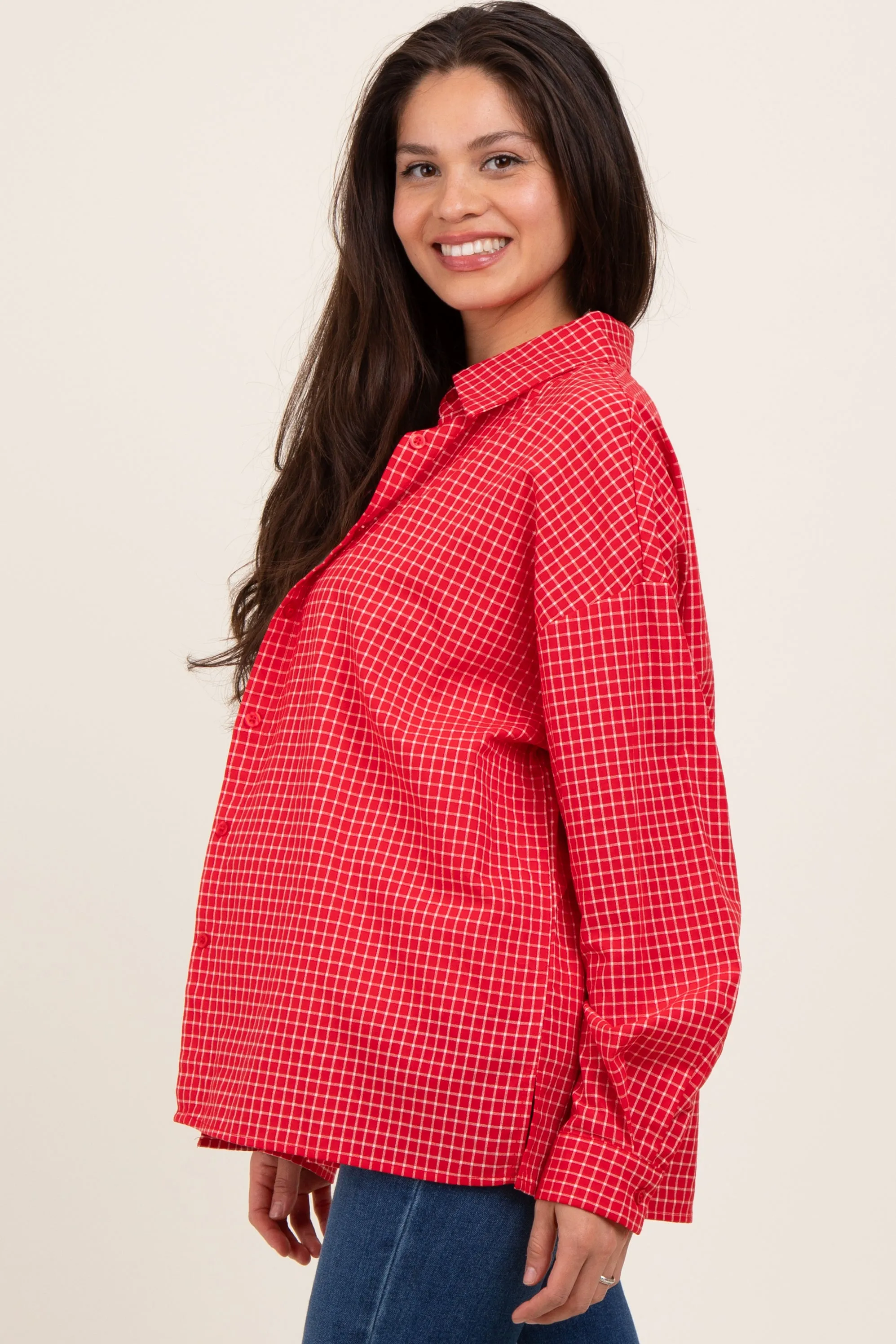 Red Checker Plaid Button Down Maternity Shirt sold by Pinkblush product image thumbnail 4