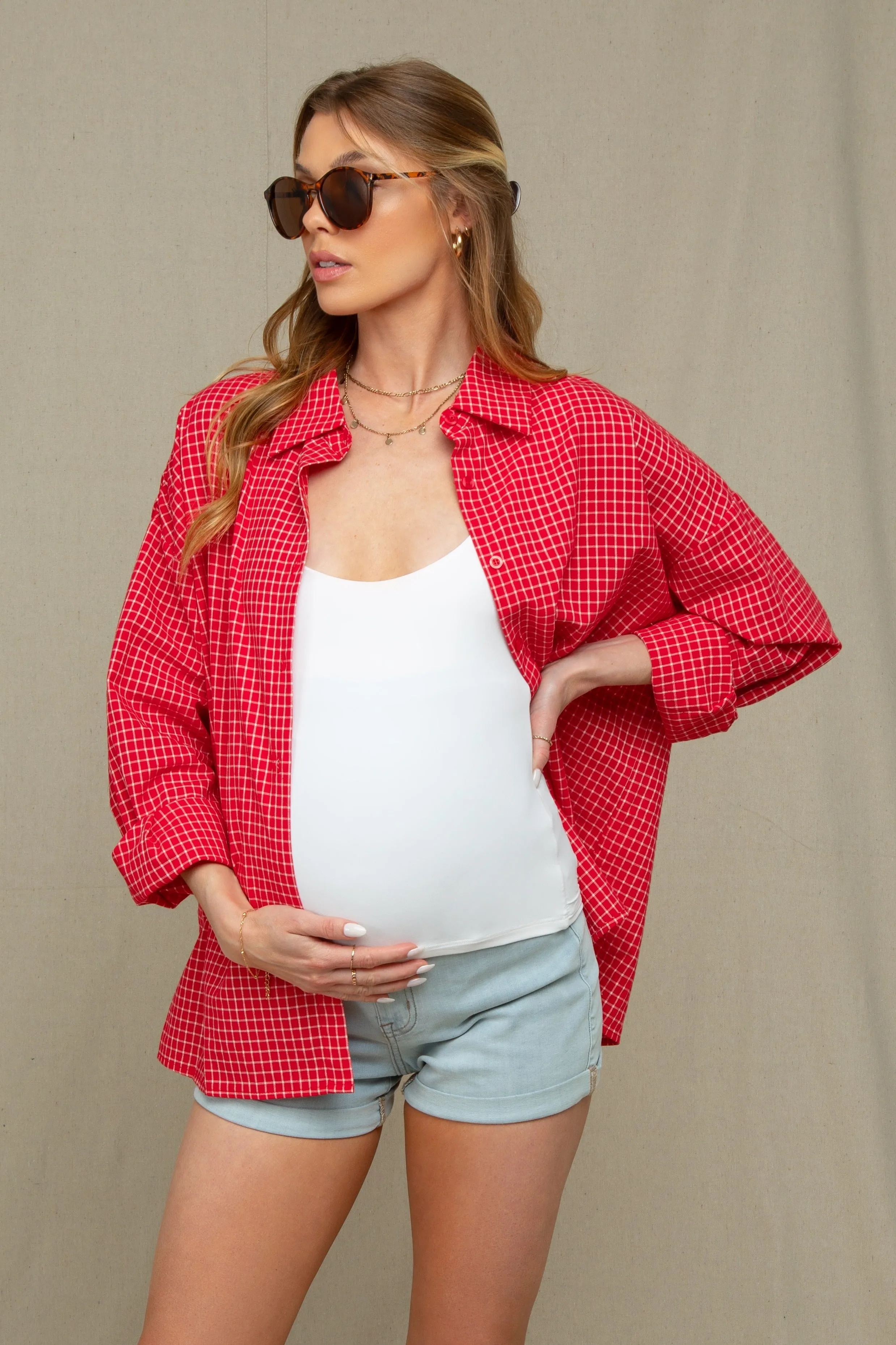 Red Checker Plaid Button Down Maternity Shirt sold by Pinkblush