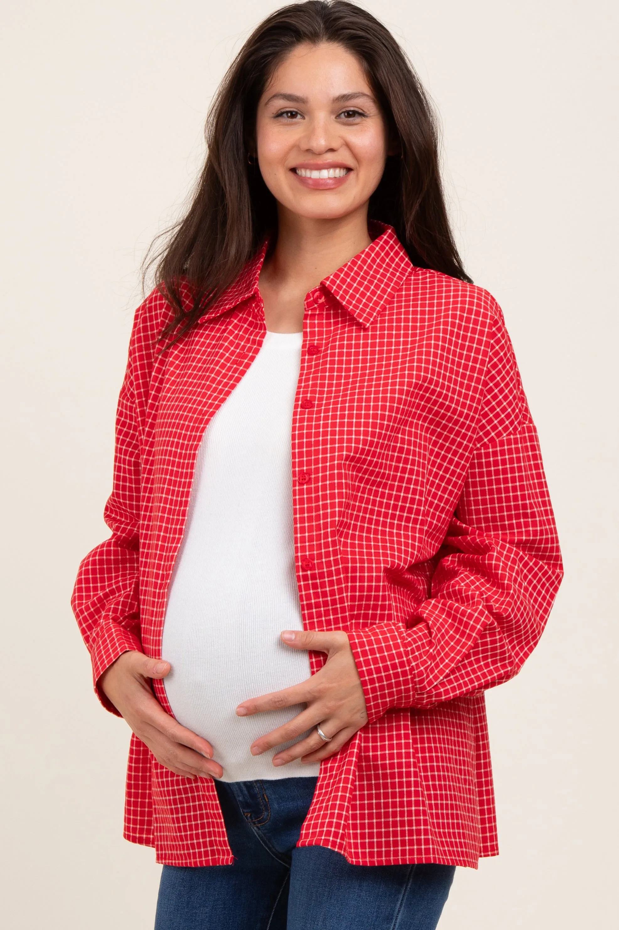 Red Checker Plaid Button Down Maternity Shirt sold by Pinkblush product image thumbnail 3
