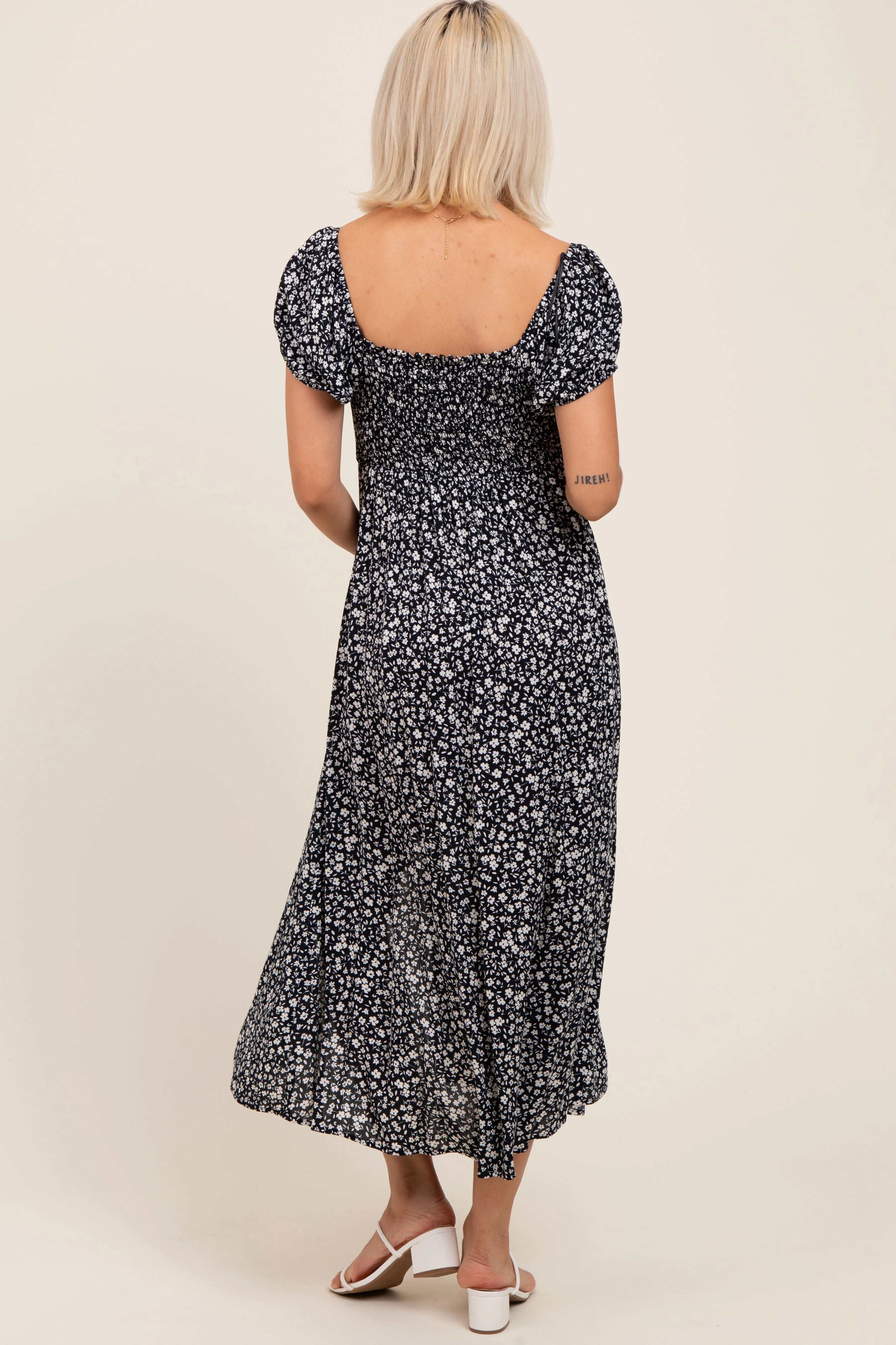 Black Floral V-Neck Button Down Maternity Midi Dress sold by Pinkblush product image thumbnail 4