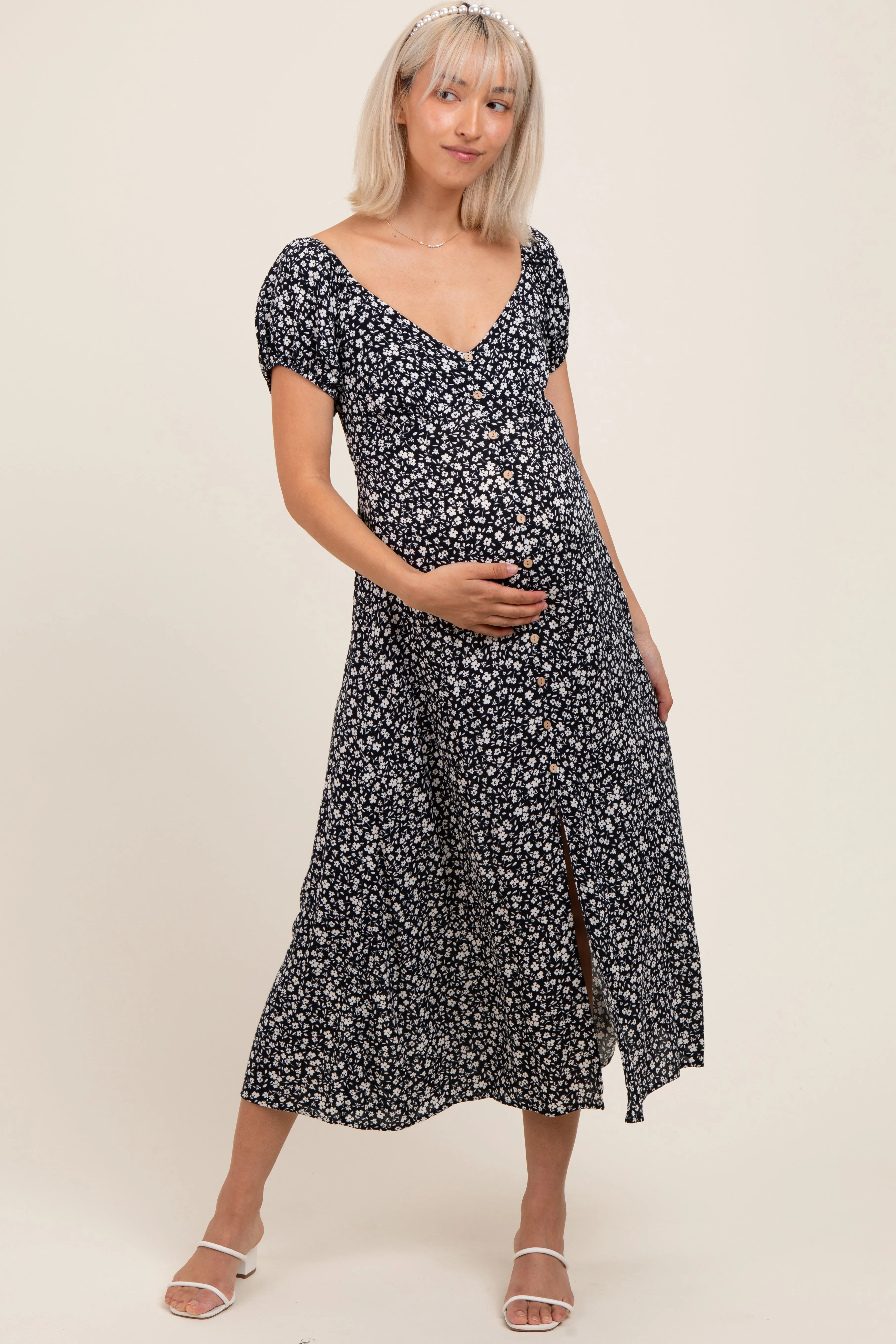 Black Floral V-Neck Button Down Maternity Midi Dress sold by Pinkblush