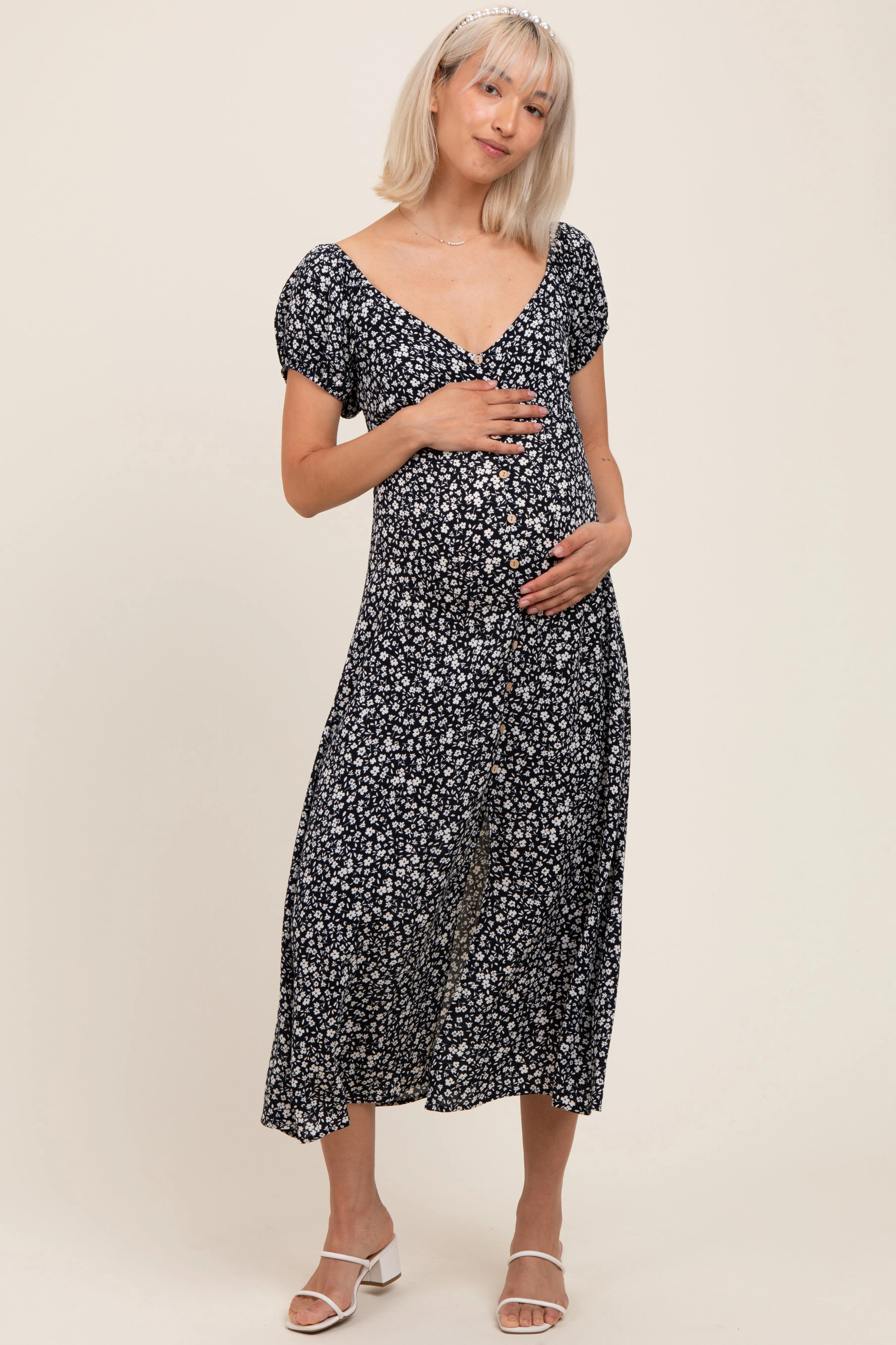 Black Floral V-Neck Button Down Maternity Midi Dress sold by Pinkblush product image thumbnail 2