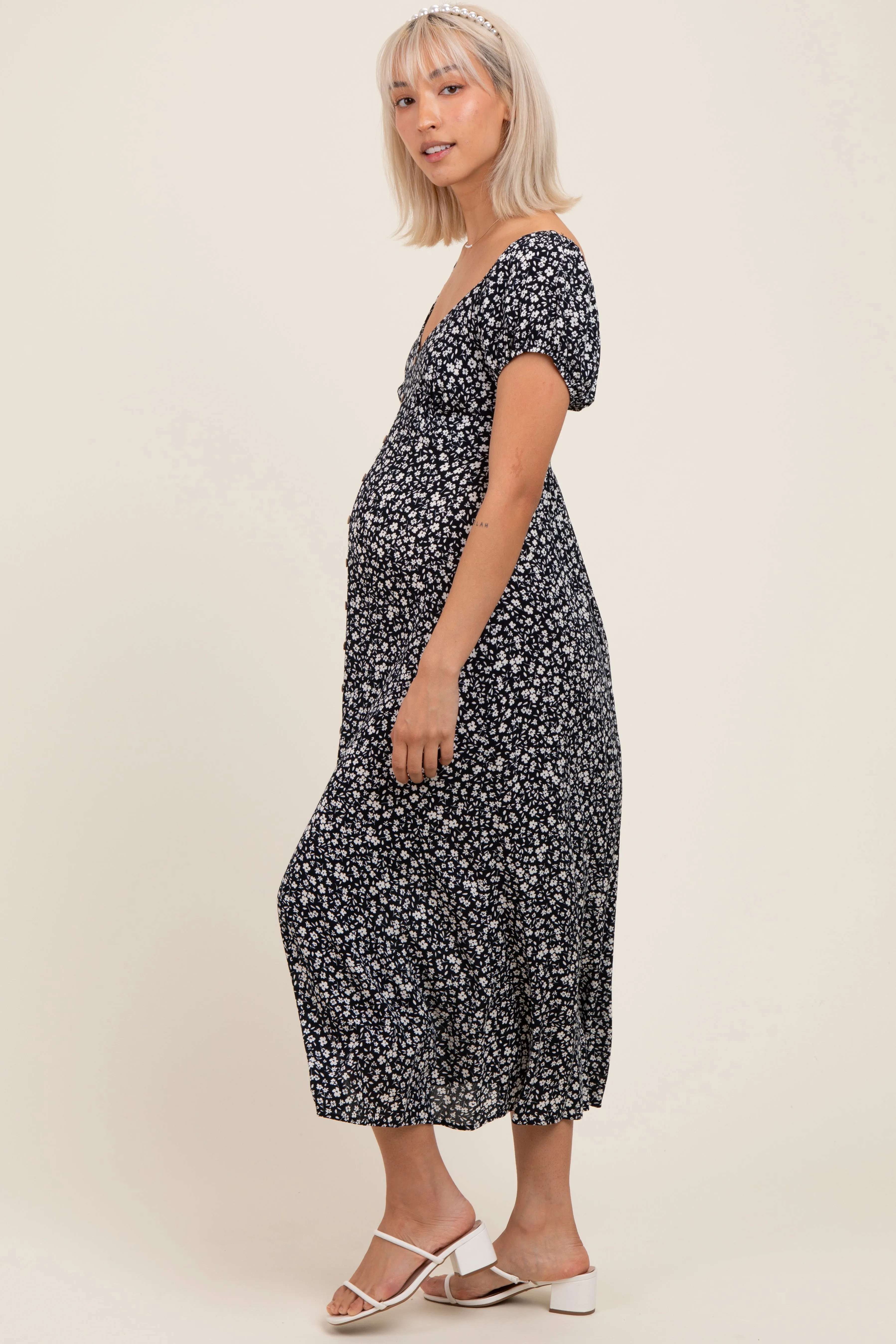 Black Floral V-Neck Button Down Maternity Midi Dress sold by Pinkblush product image thumbnail 3