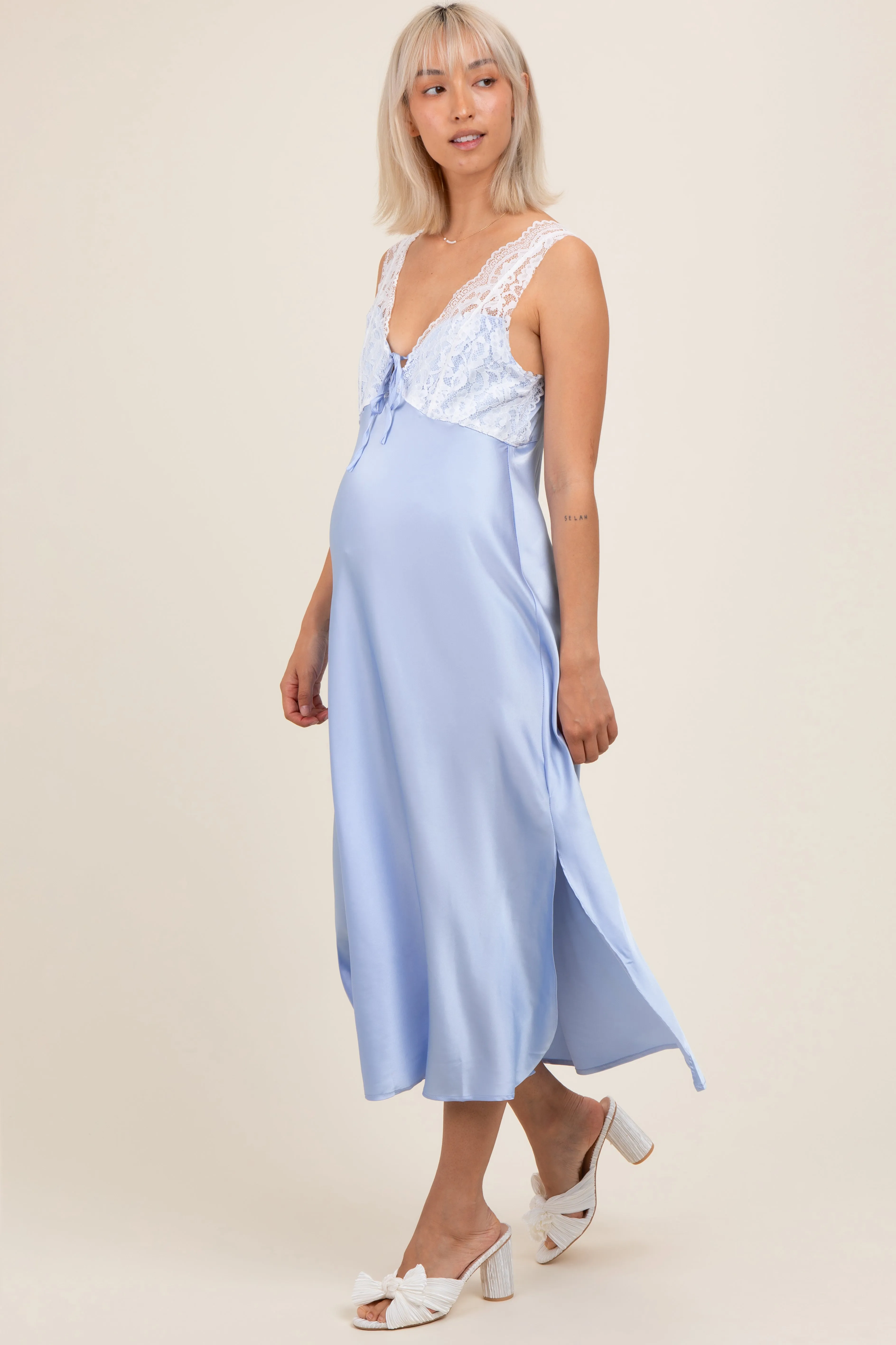 Light Blue Satin Lace Side Slit Maternity Slip Dress sold by Pinkblush product image thumbnail 3