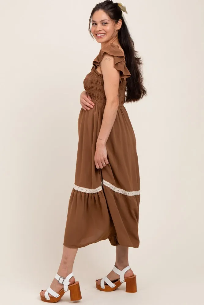 Mocha Smocked Lace Detail Maternity Midi Dress sold by Pinkblush product image thumbnail 3