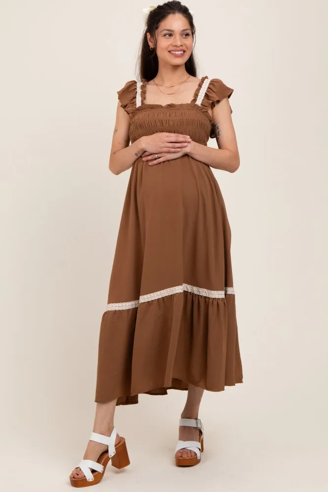 Mocha Smocked Lace Detail Maternity Midi Dress sold by Pinkblush