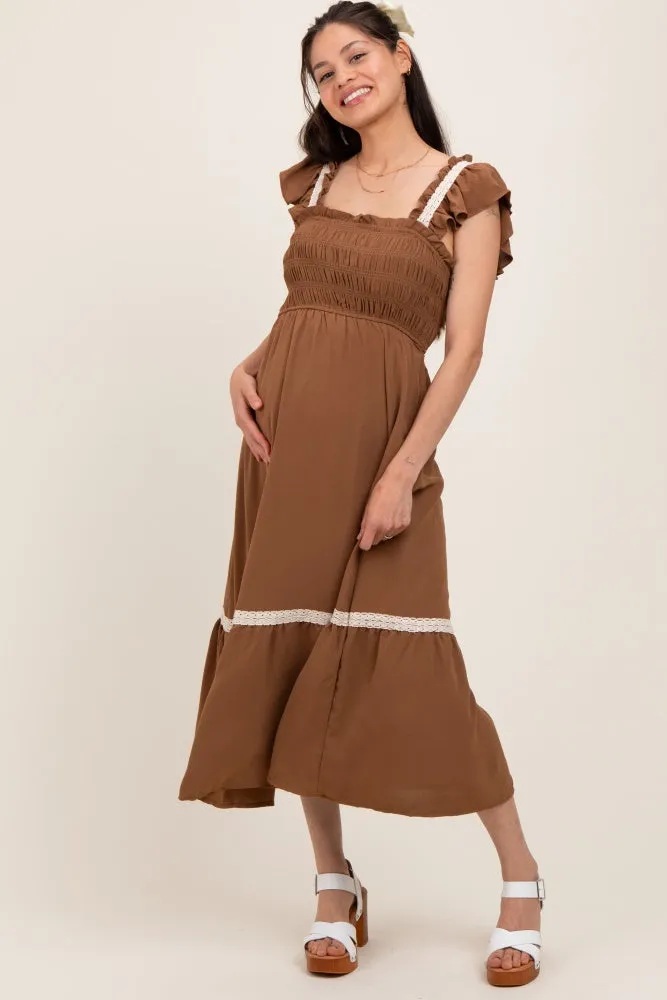 Mocha Smocked Lace Detail Maternity Midi Dress sold by Pinkblush product image thumbnail 2