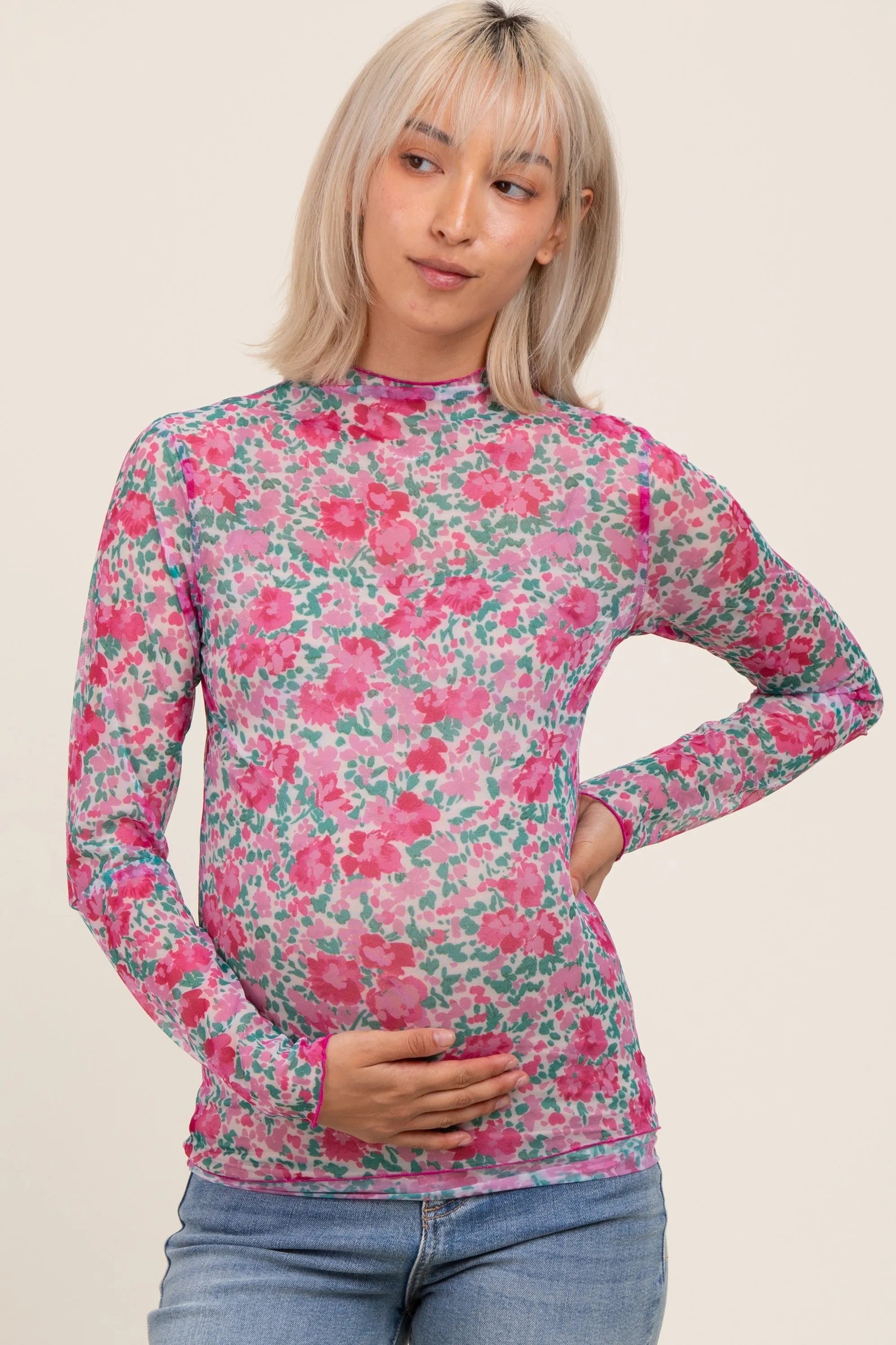 Pink Floral Mesh Long Sleeve Turtle Neck Maternity Top sold by Pinkblush