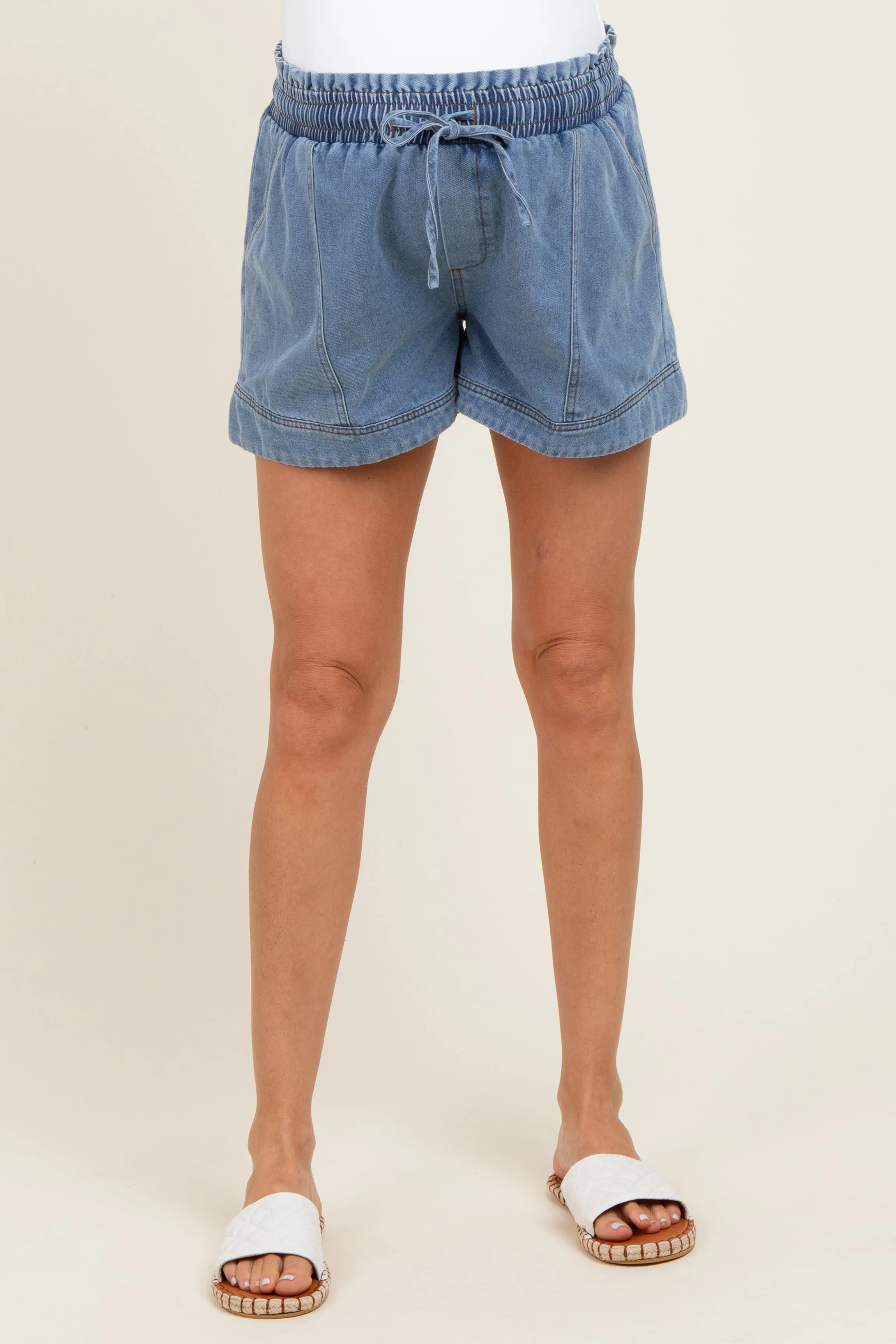 Blue Chambray Smocked Drawstring Waist Maternity Shorts sold by Pinkblush product image thumbnail 3