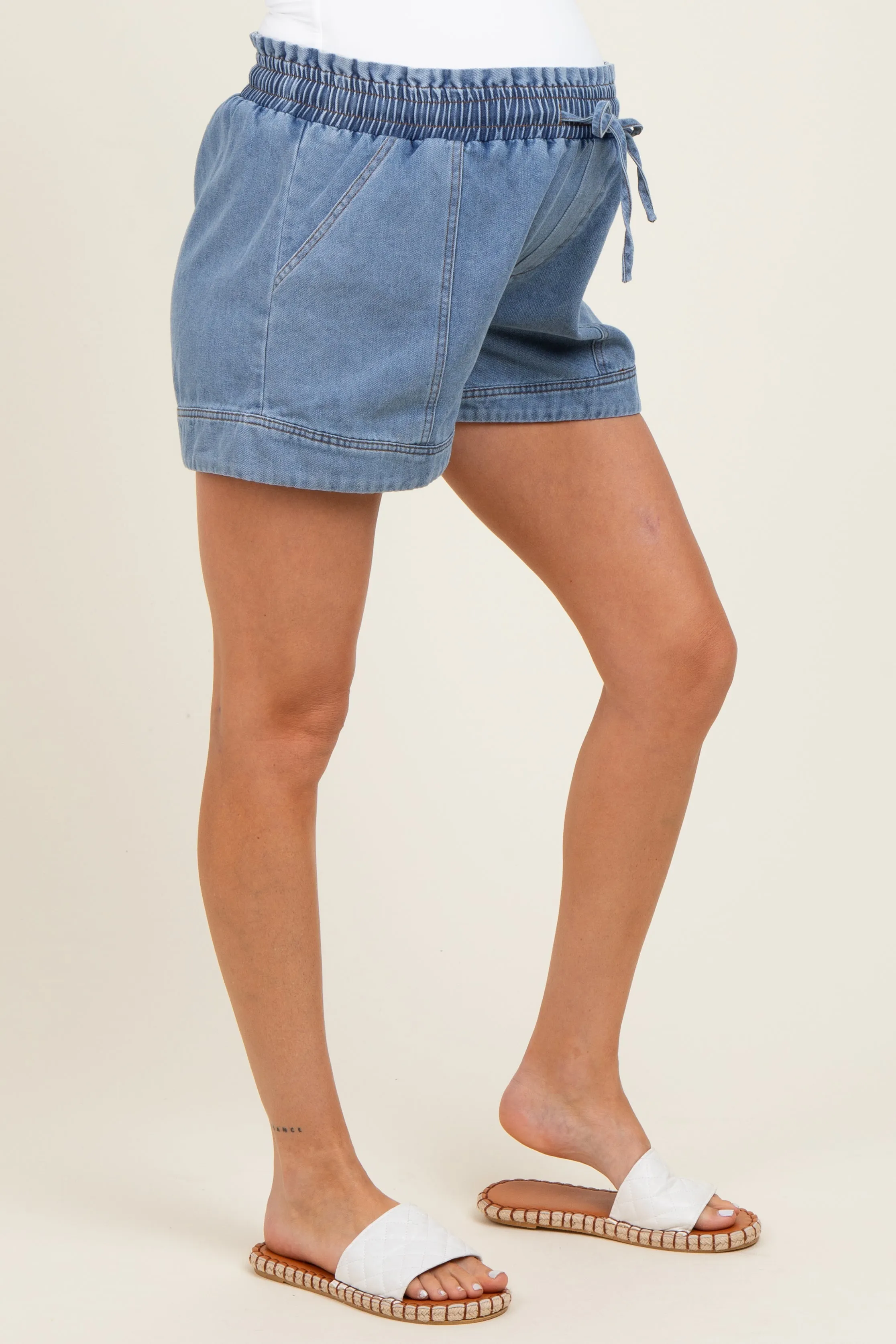 Blue Chambray Smocked Drawstring Waist Maternity Shorts sold by Pinkblush product image thumbnail 4