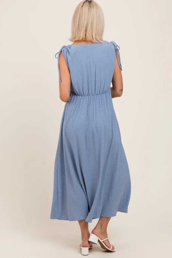 Blue Button-Down Polka Dot Shirred Bow Maternity Midi Dress sold by Pinkblush product image thumbnail 4