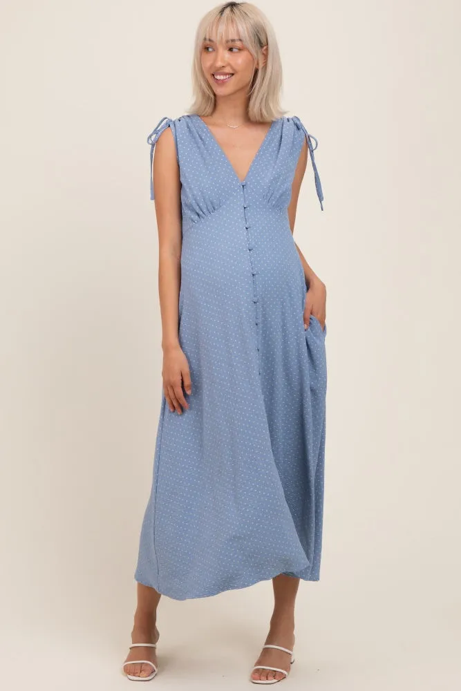 Blue Button-Down Polka Dot Shirred Bow Maternity Midi Dress sold by Pinkblush