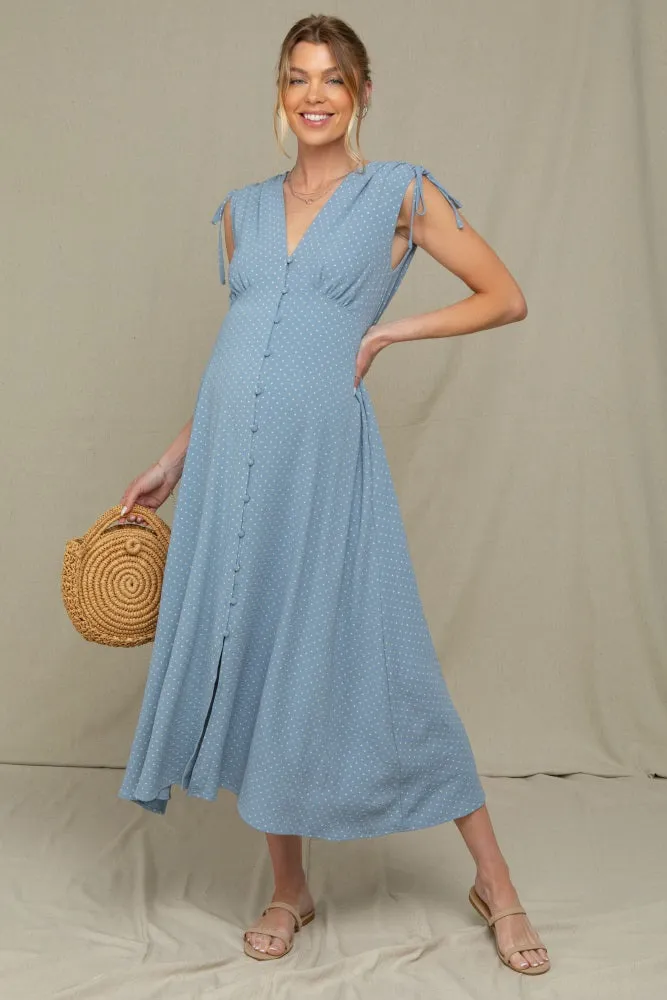 Blue Button-Down Polka Dot Shirred Bow Maternity Midi Dress sold by Pinkblush product image thumbnail 3
