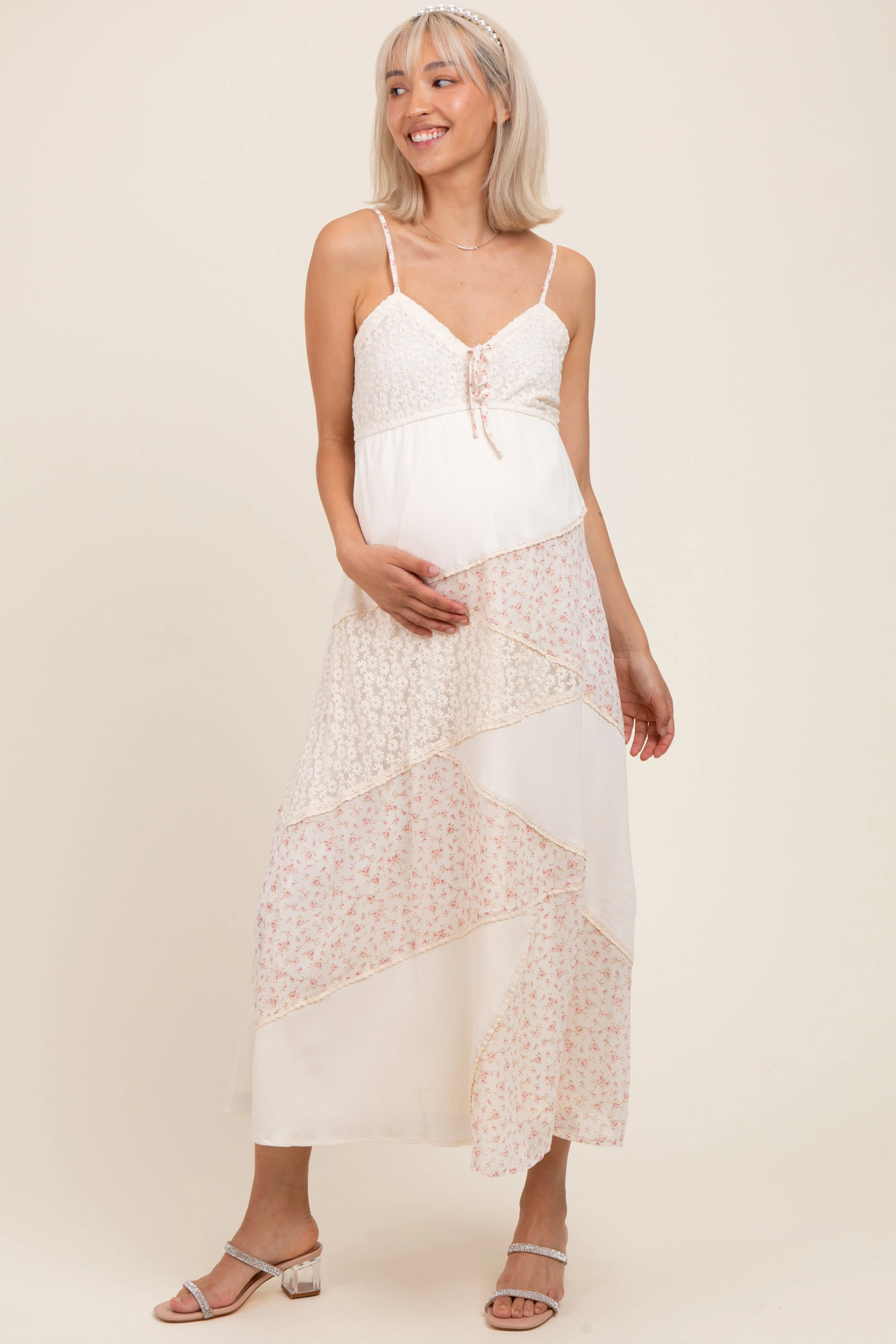 Cream Floral Sweetheart Neck Maternity Midi Dress sold by Pinkblush
