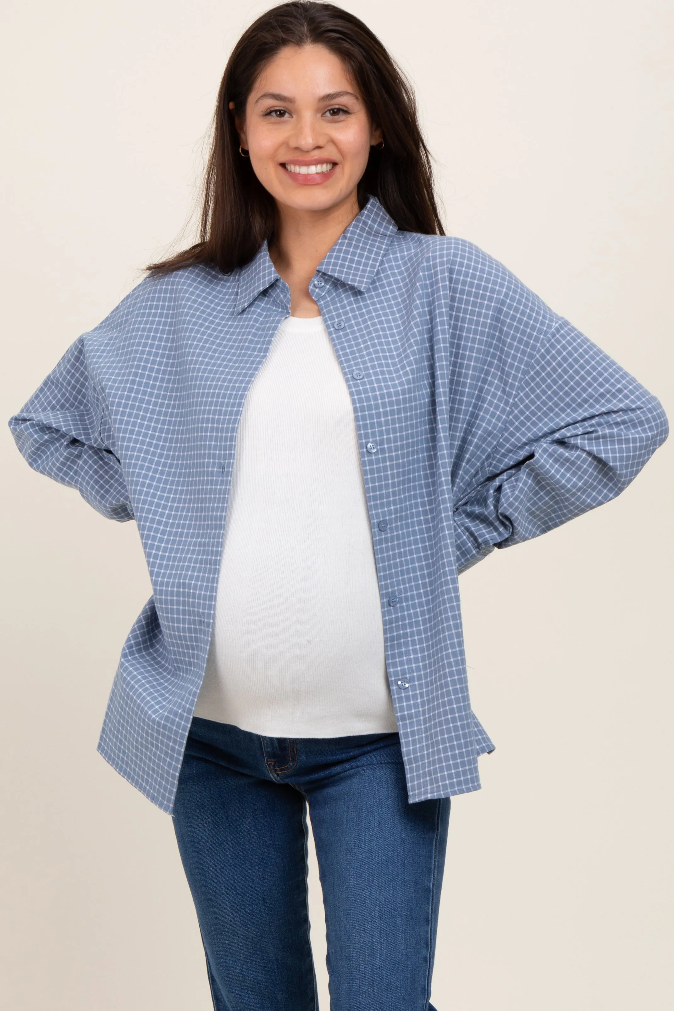 Blue Checker Plaid Button Down Maternity Shirt sold by Pinkblush product image thumbnail 2