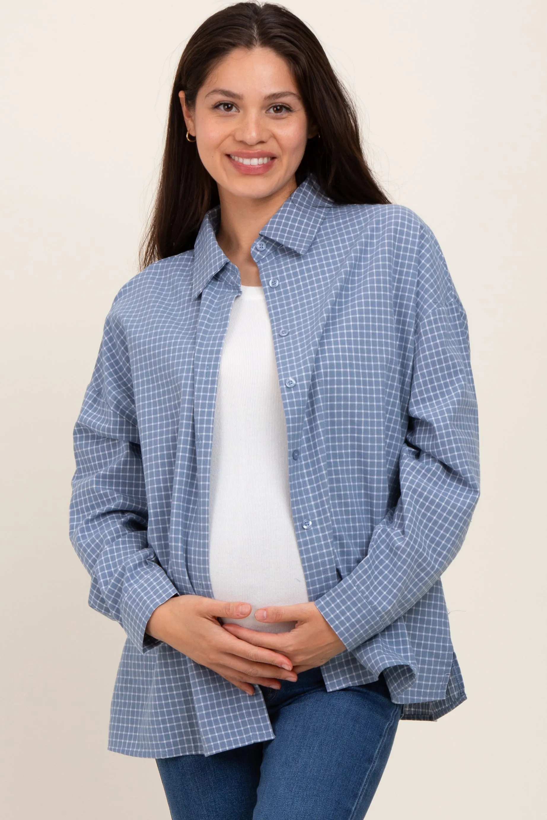 Blue Checker Plaid Button Down Maternity Shirt sold by Pinkblush