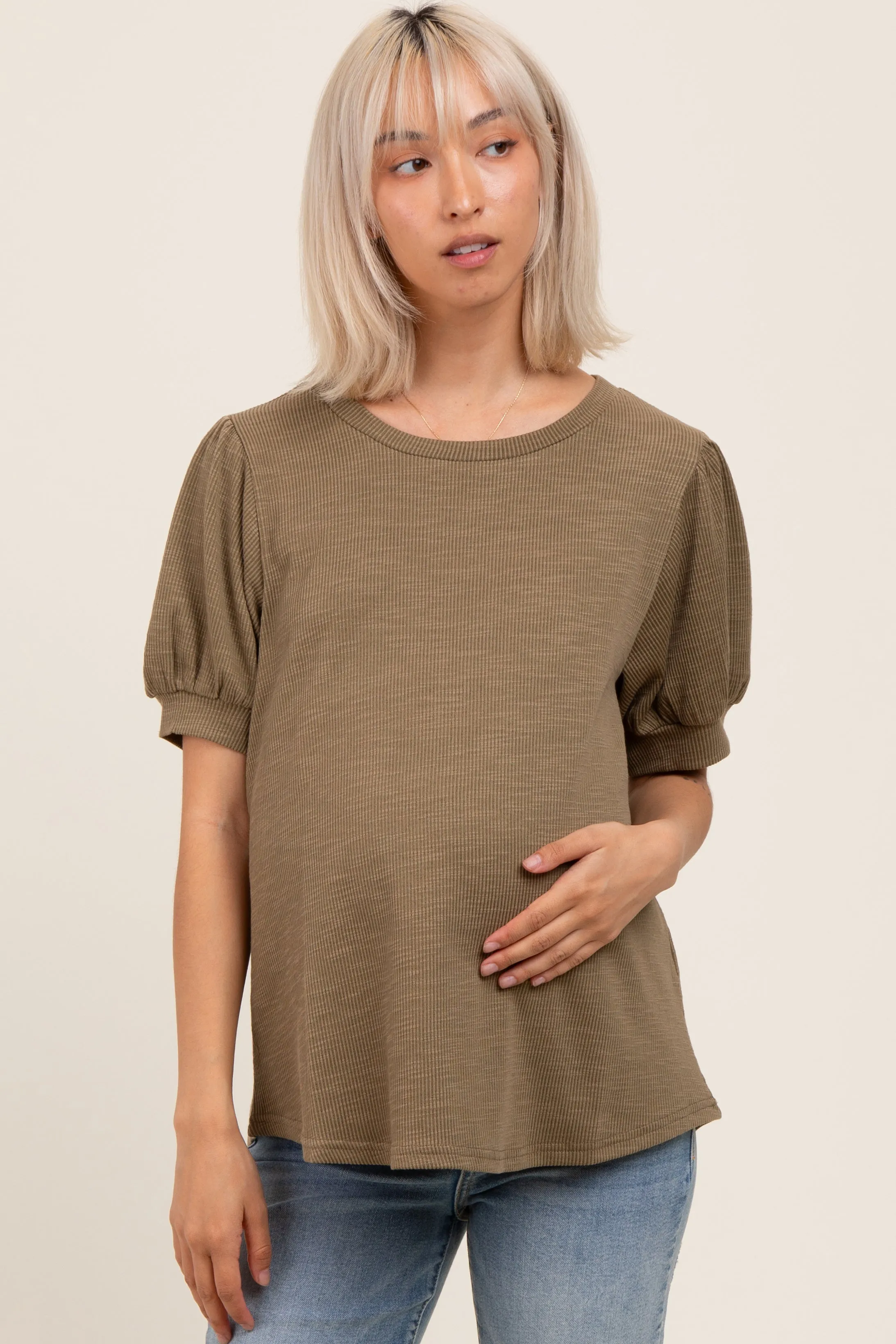 Olive Ribbed Puffed Sleeve Maternity Top sold by Pinkblush