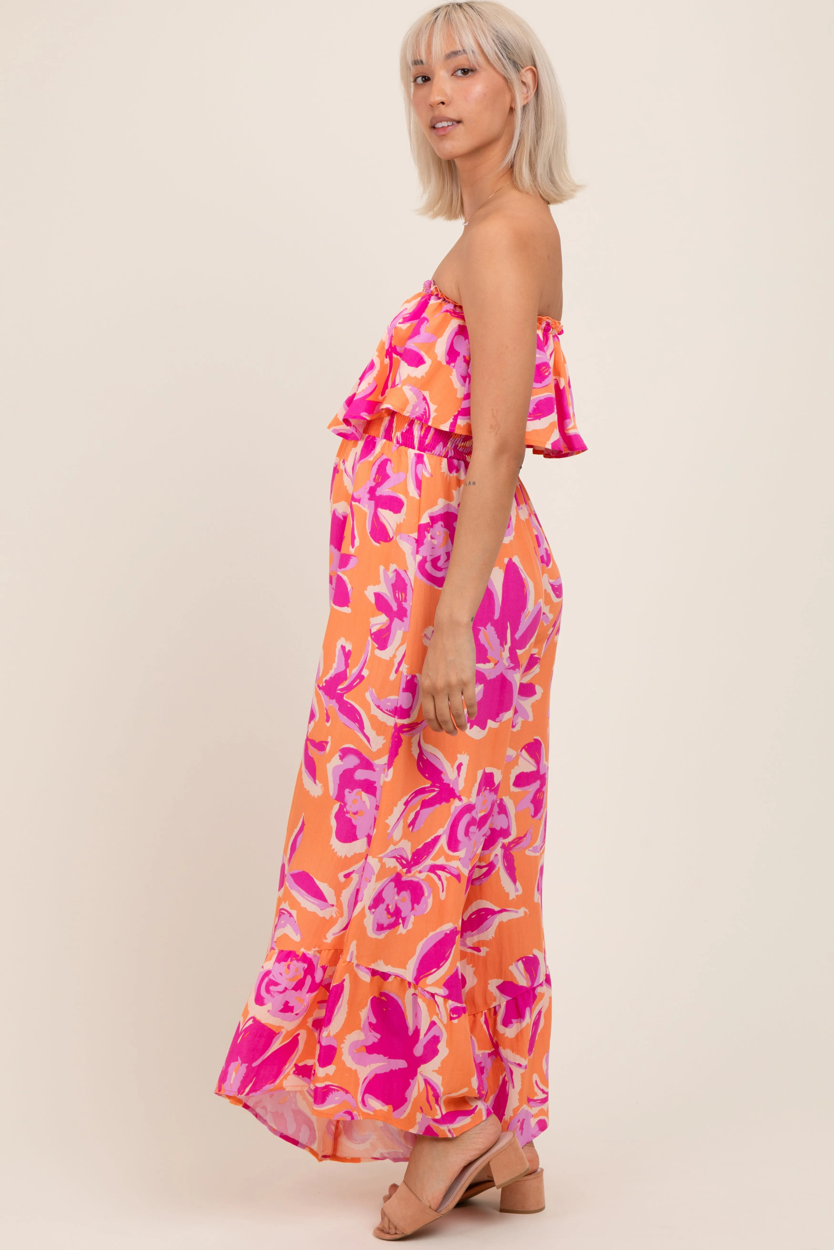 Orange Fuchsia Floral Strapless Ruffle Wide Leg Maternity Jumpsuit sold by Pinkblush product image thumbnail 3