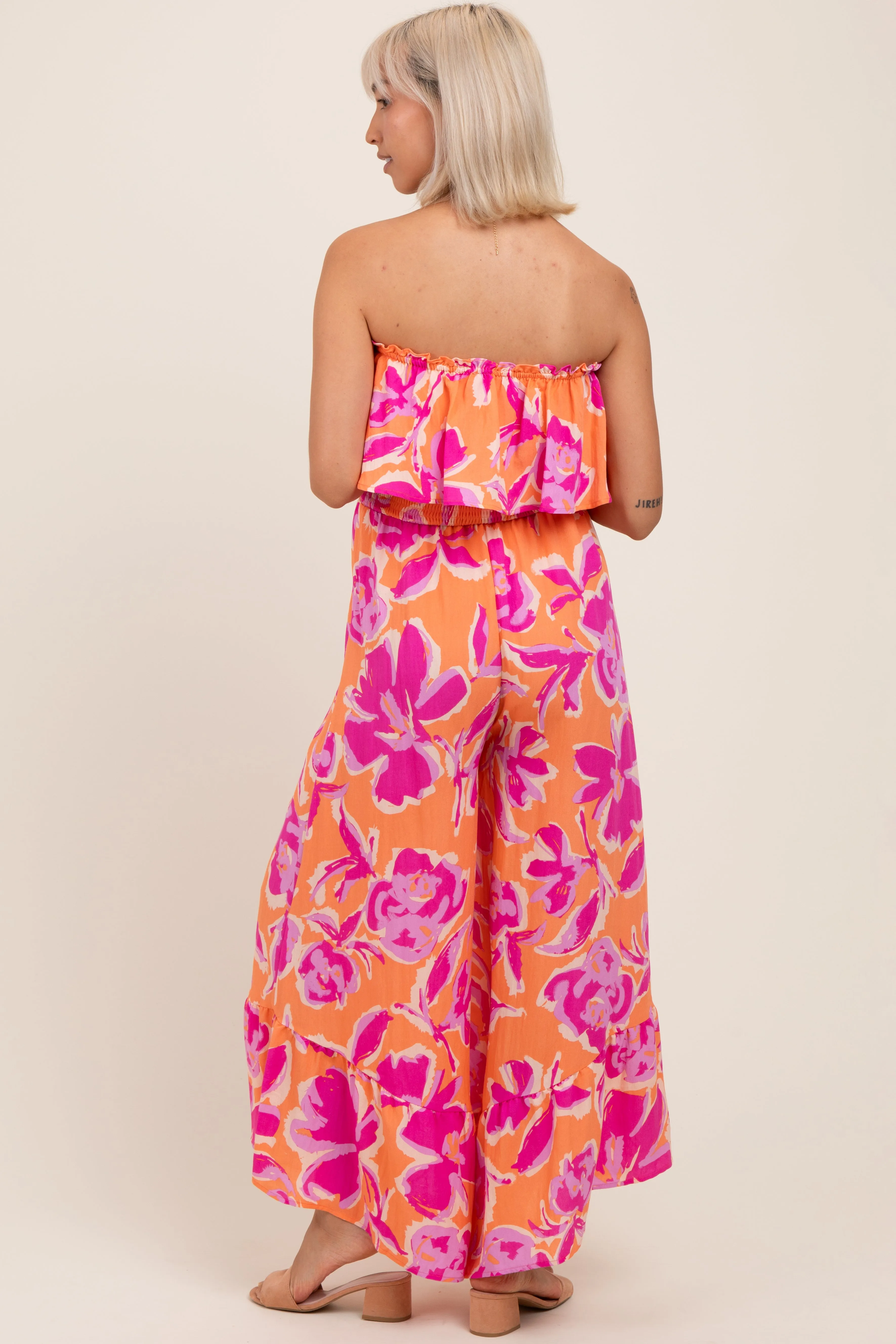 Orange Fuchsia Floral Strapless Ruffle Wide Leg Maternity Jumpsuit sold by Pinkblush product image thumbnail 4