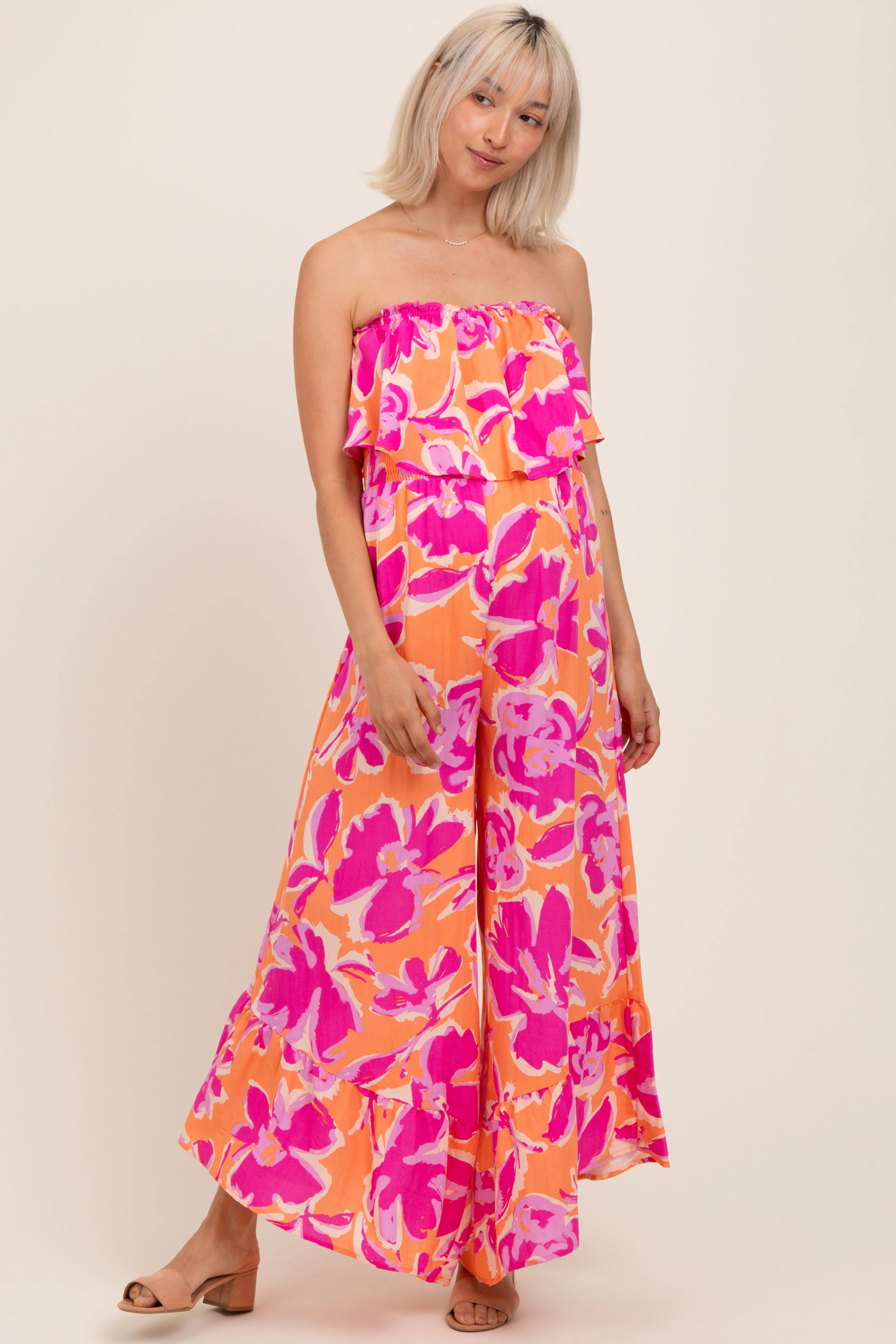Orange Fuchsia Floral Strapless Ruffle Wide Leg Maternity Jumpsuit sold by Pinkblush